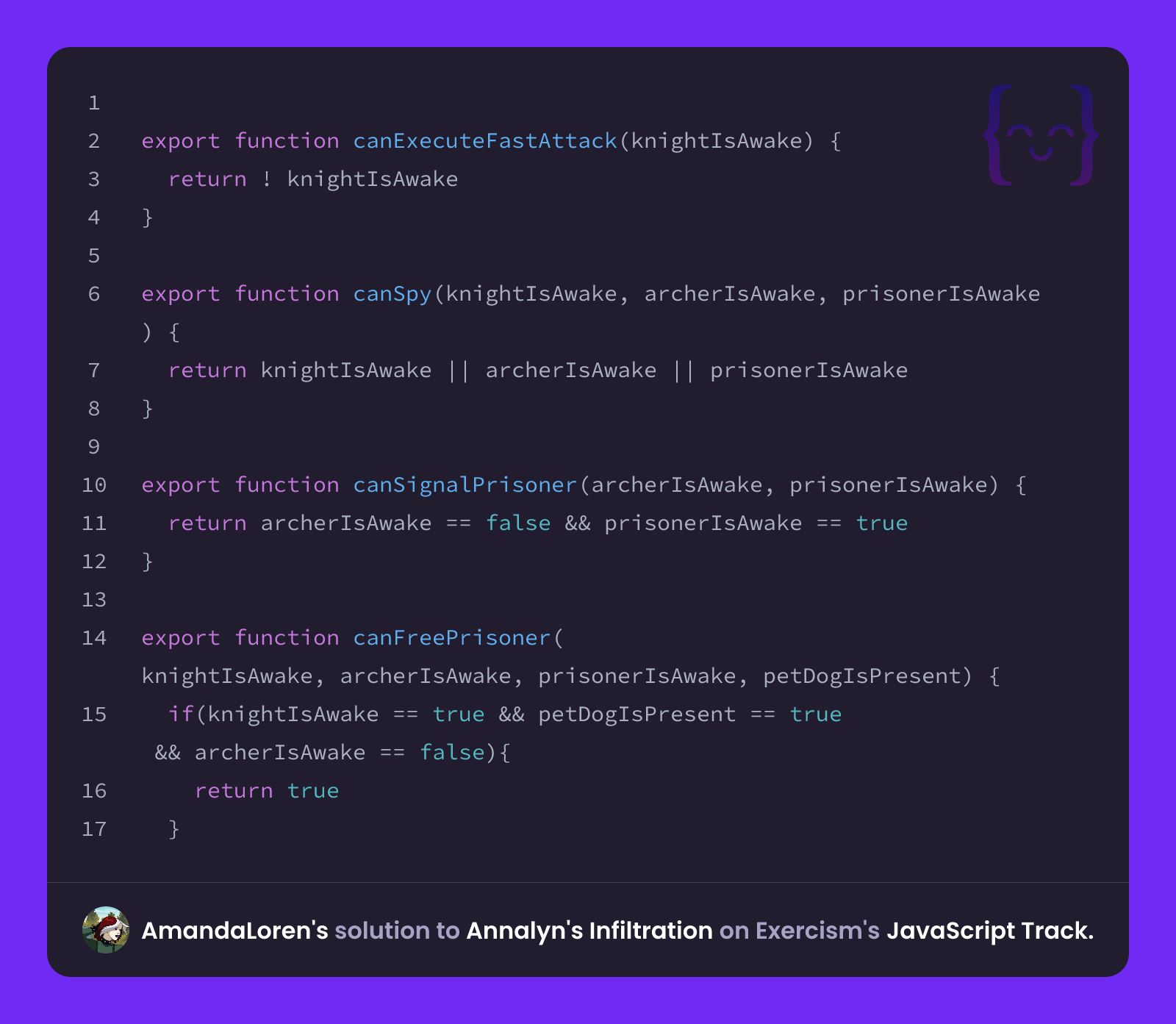 AmandaLoren's solution for Annalyn's Infiltration in JavaScript on Exercism