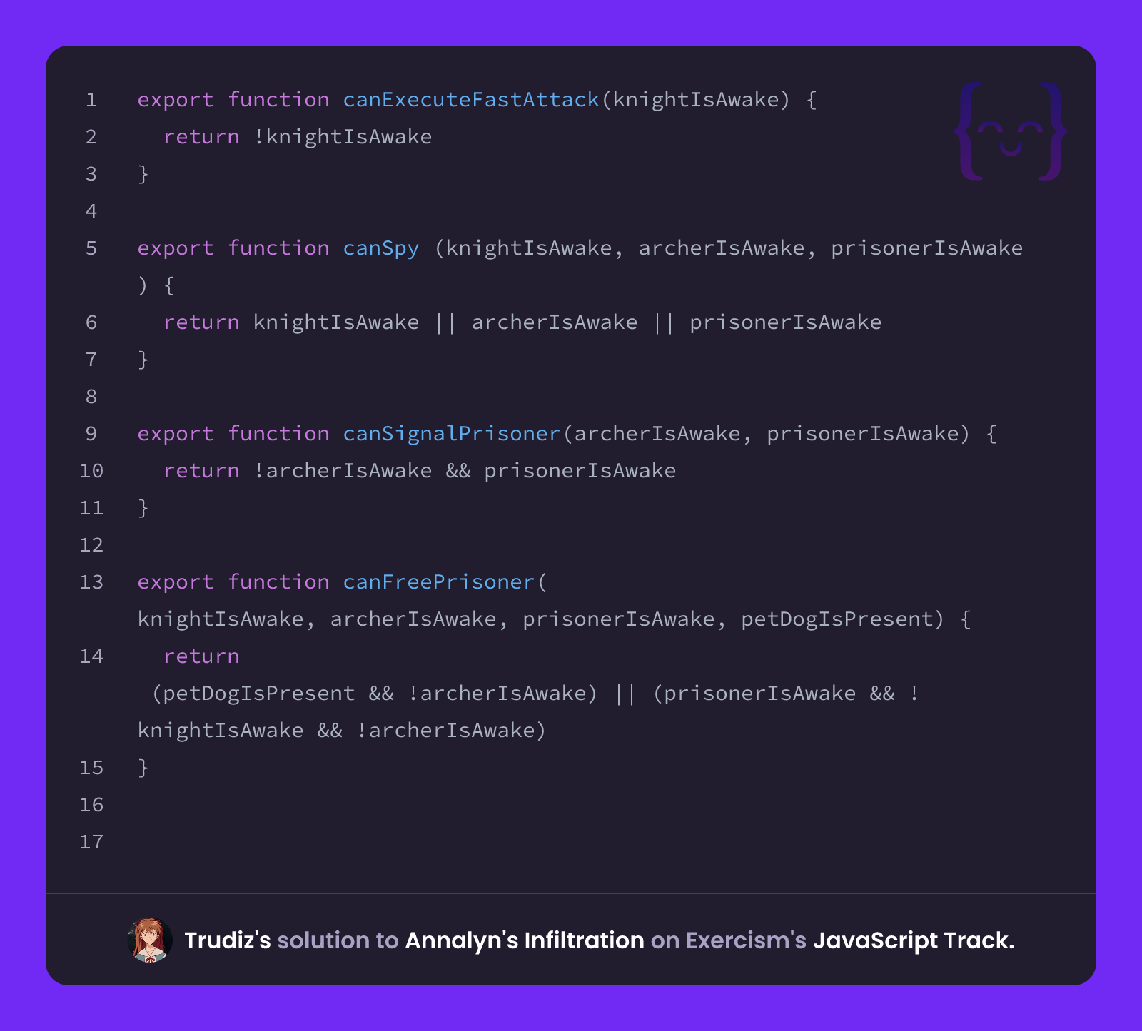 Trudiz's solution for Annalyn's Infiltration in JavaScript on Exercism