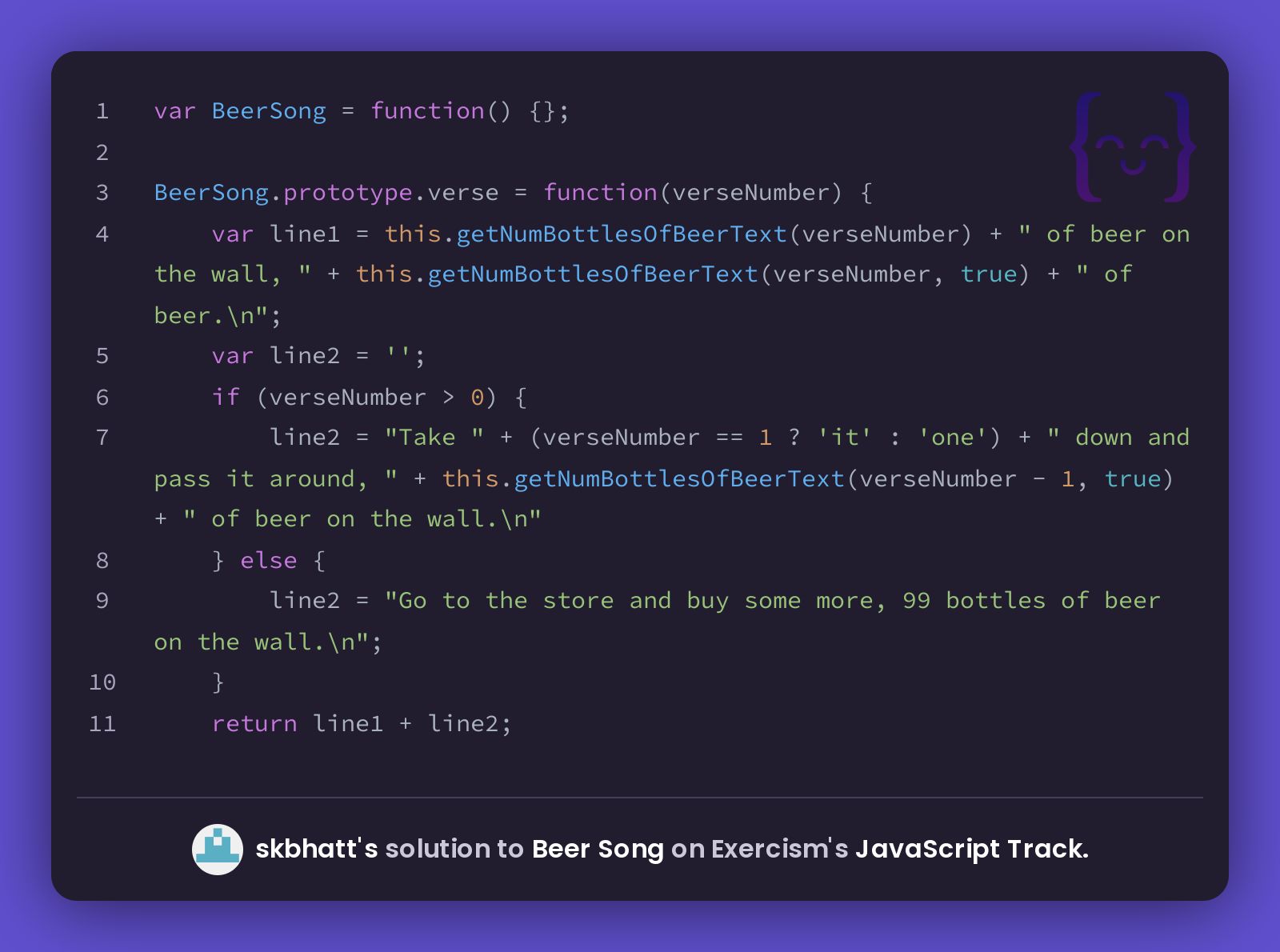 python projects: print the song 99 bottles of beer on... skbhatt's solution for Beer Song in JavaScript on Exercism
