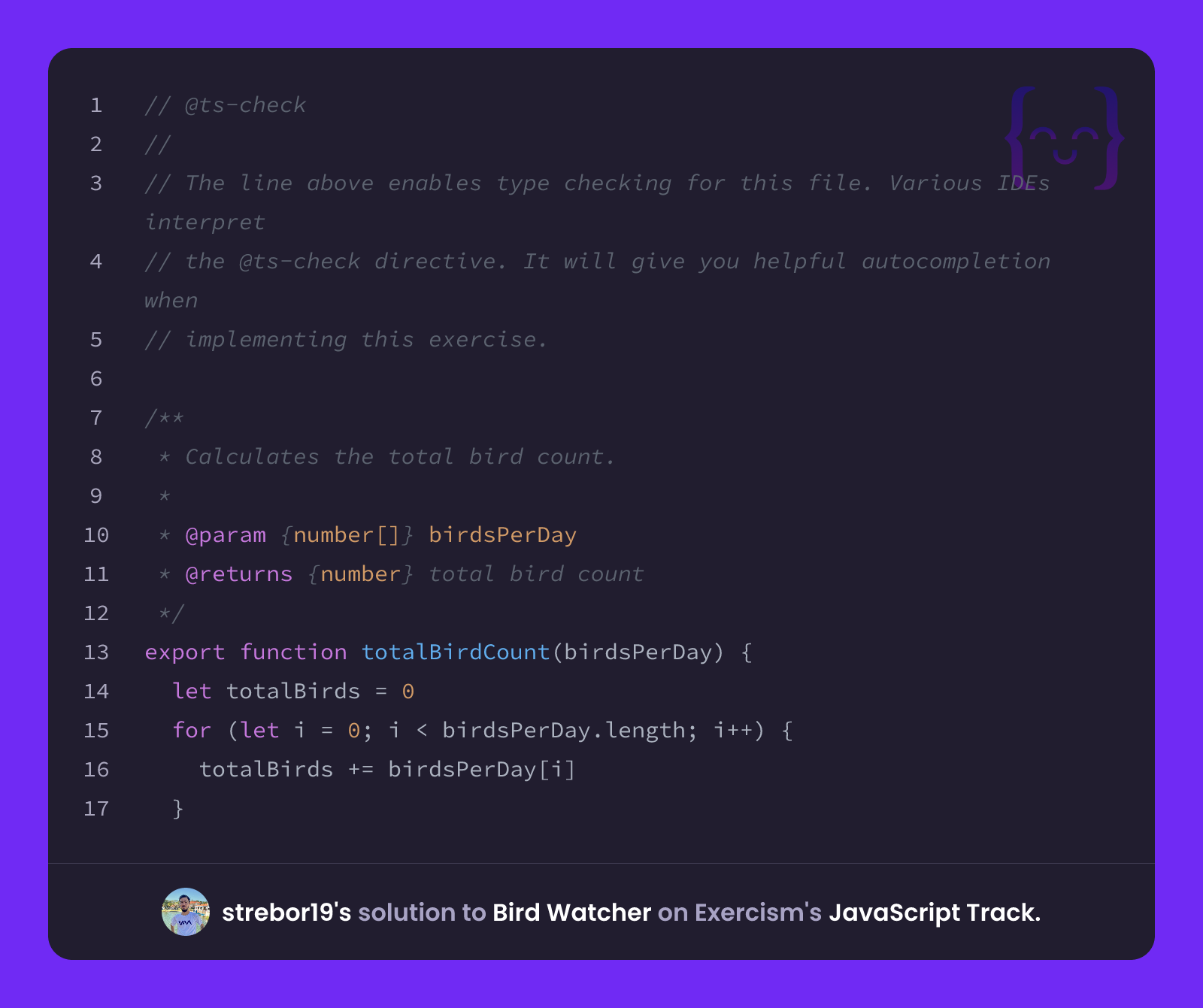 Bird In Javascript strebor19's solution for Bird Watcher in JavaScript on Exercism