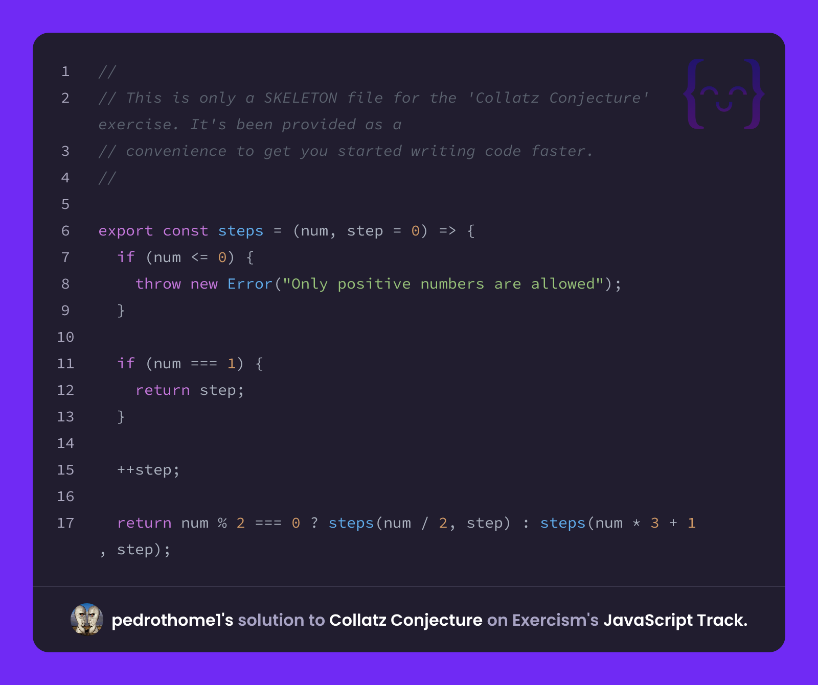 pedrothome1's solution for Collatz Conjecture in JavaScript on Exercism