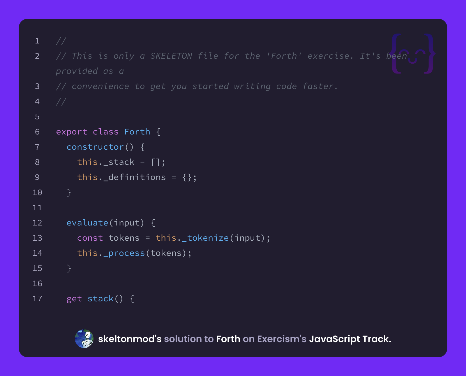 skeltonmod's solution for Forth in JavaScript on Exercism