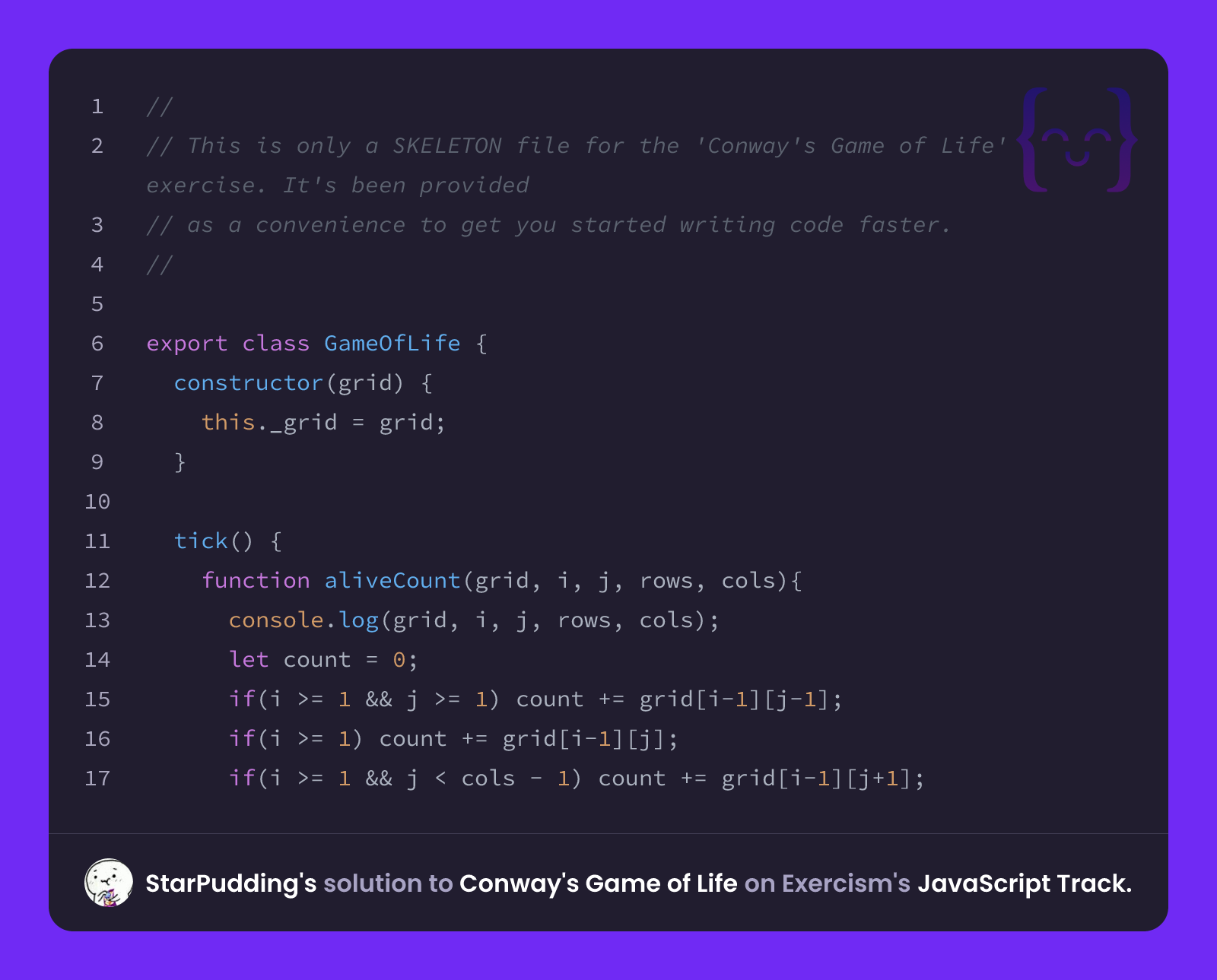 StarPudding's solution for Conway's Game of Life in JavaScript on Exercism