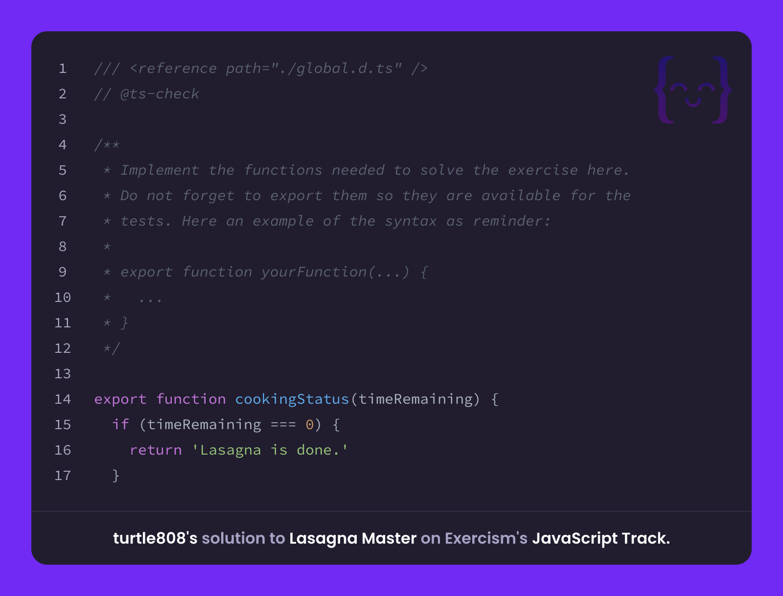 turtle808's solution for Lasagna Master in JavaScript on Exercism