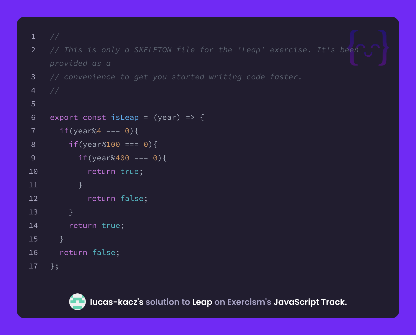 lucas-kacz's solution for Leap in JavaScript on Exercism