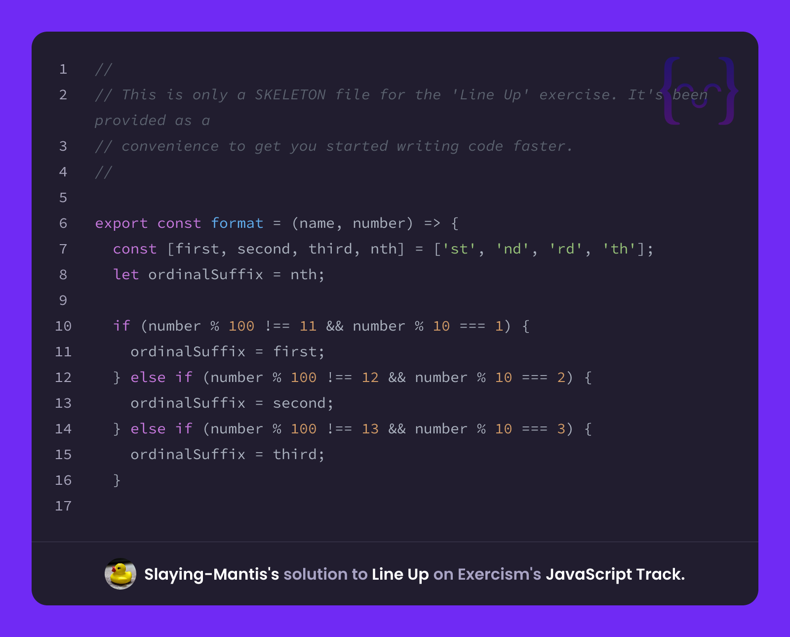 Slaying-Mantis's solution for Line Up in JavaScript on Exercism