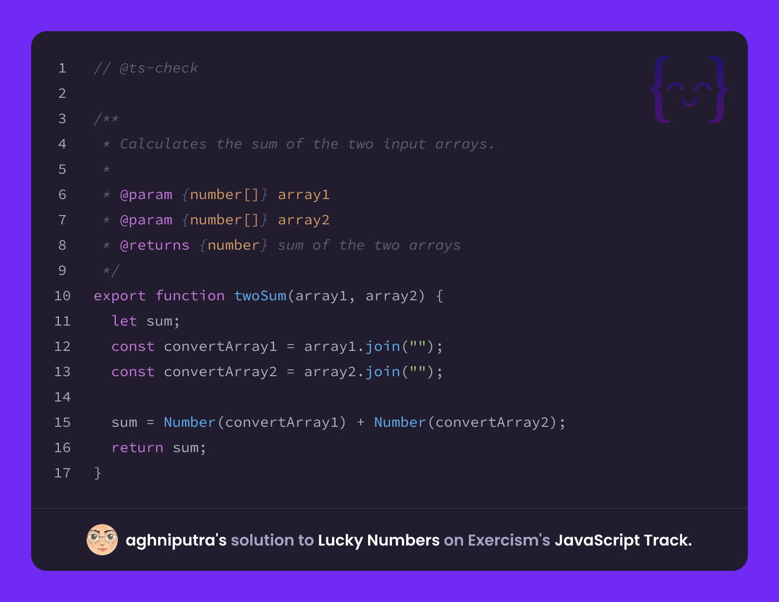 aghniputra's solution for Lucky Numbers in JavaScript on Exercism