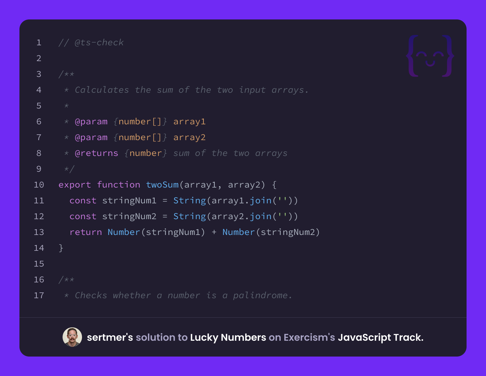 sertmer's solution for Lucky Numbers in JavaScript on Exercism