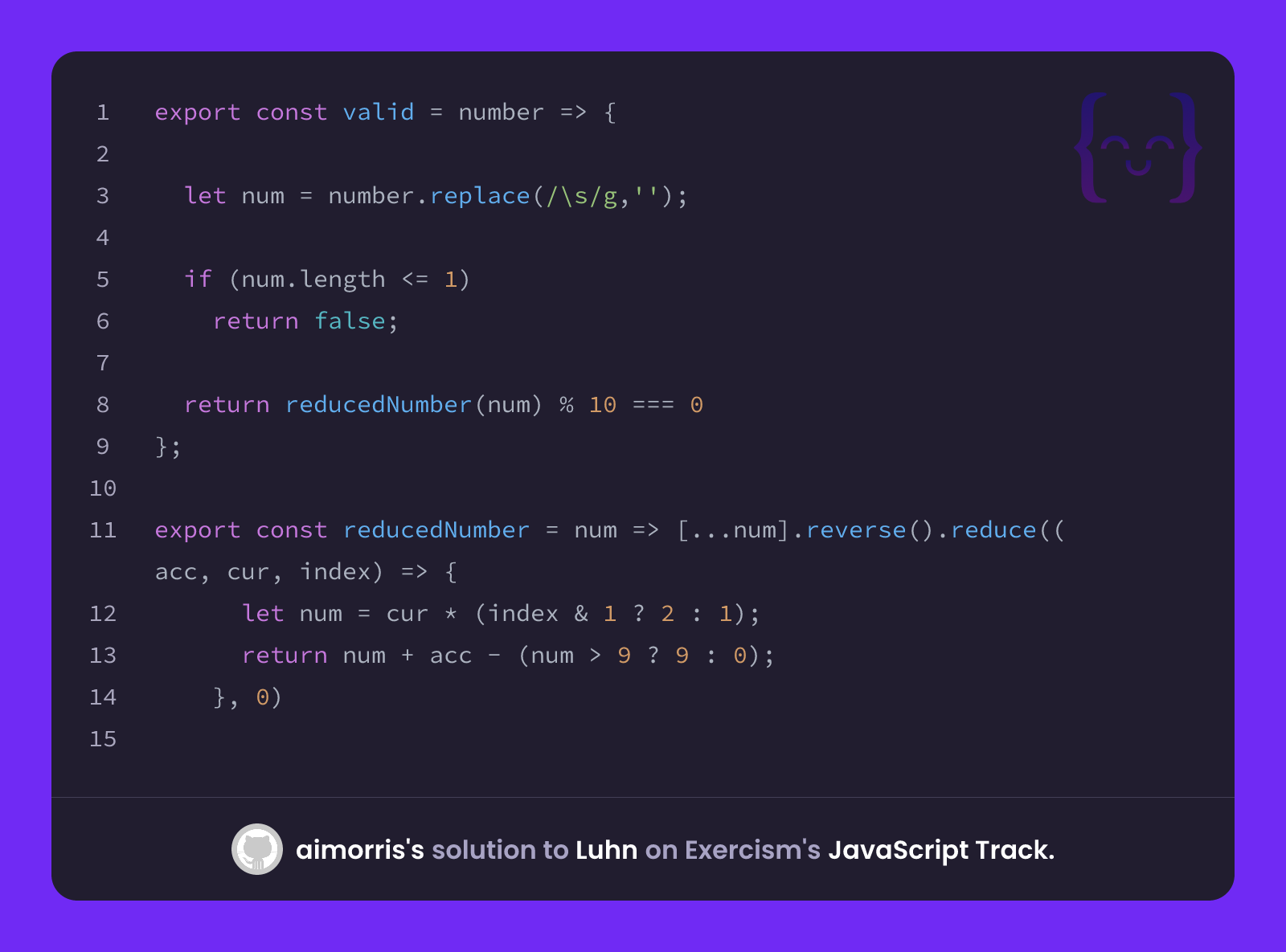 aimorris's solution for Luhn in JavaScript on Exercism
