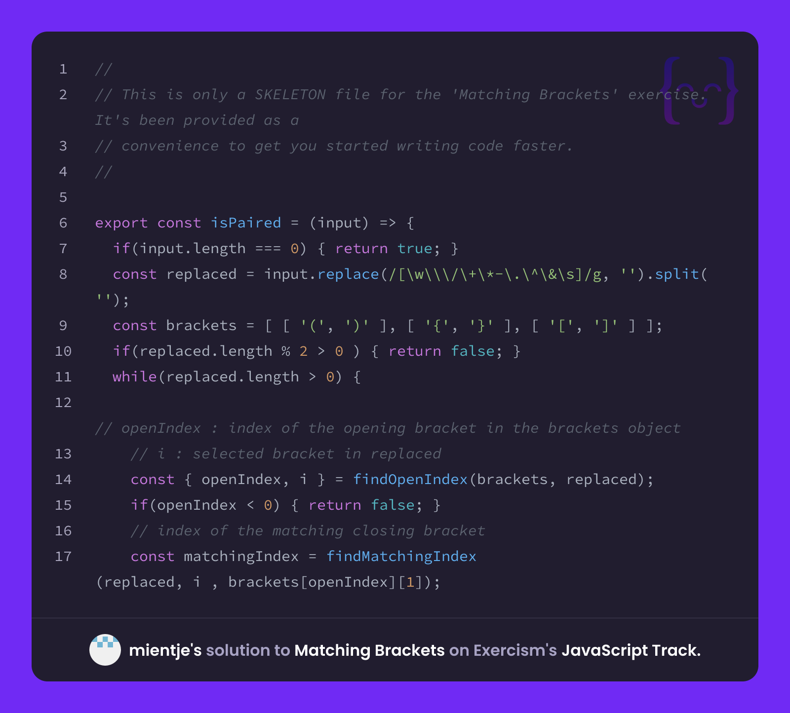 mientje's solution for Matching Brackets in JavaScript on Exercism