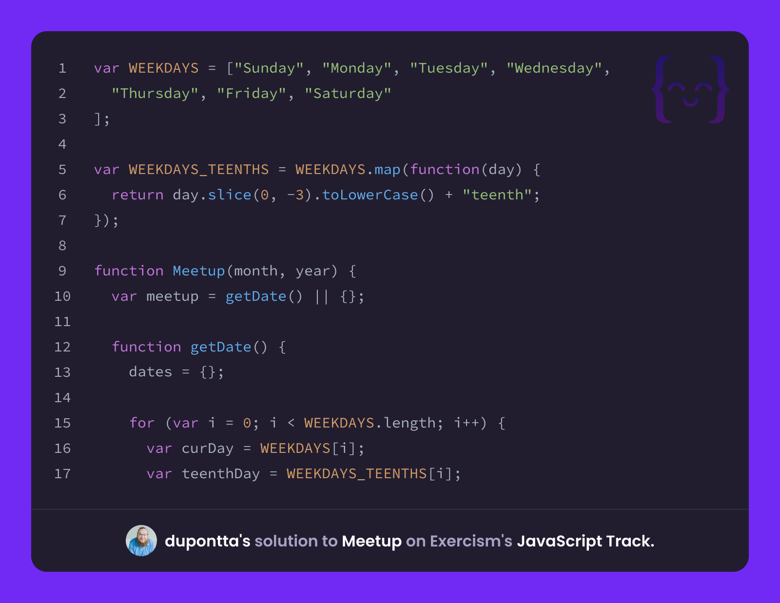 dupontta's solution for Meetup in JavaScript on Exercism