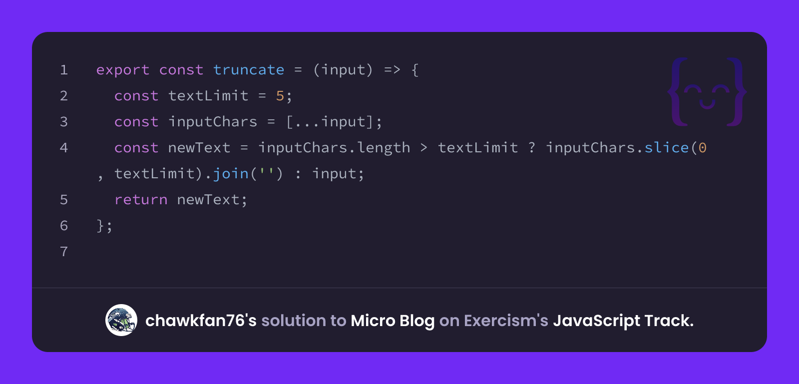 chawkfan76's solution for Micro Blog in JavaScript on Exercism