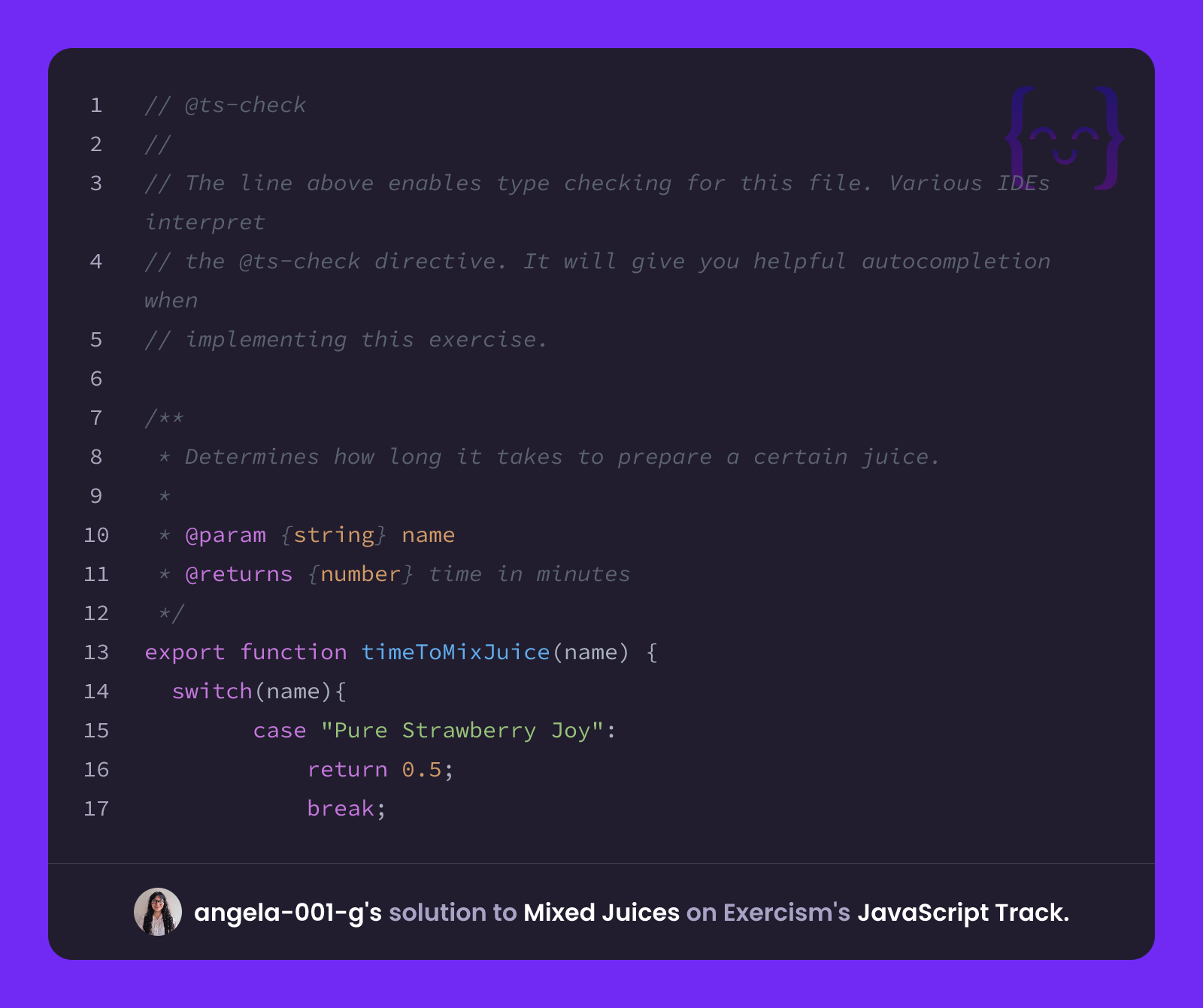 angela-001-g's solution for Mixed Juices in JavaScript on Exercism