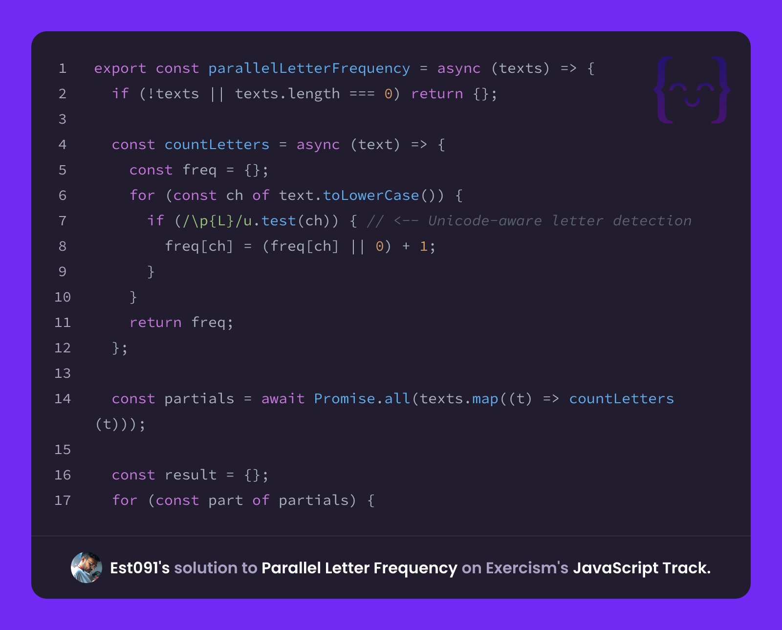 Est091's solution for Parallel Letter Frequency in JavaScript on Exercism