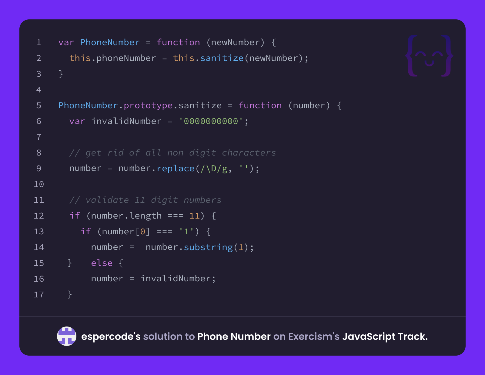 espercode's solution for Phone Number in JavaScript on Exercism