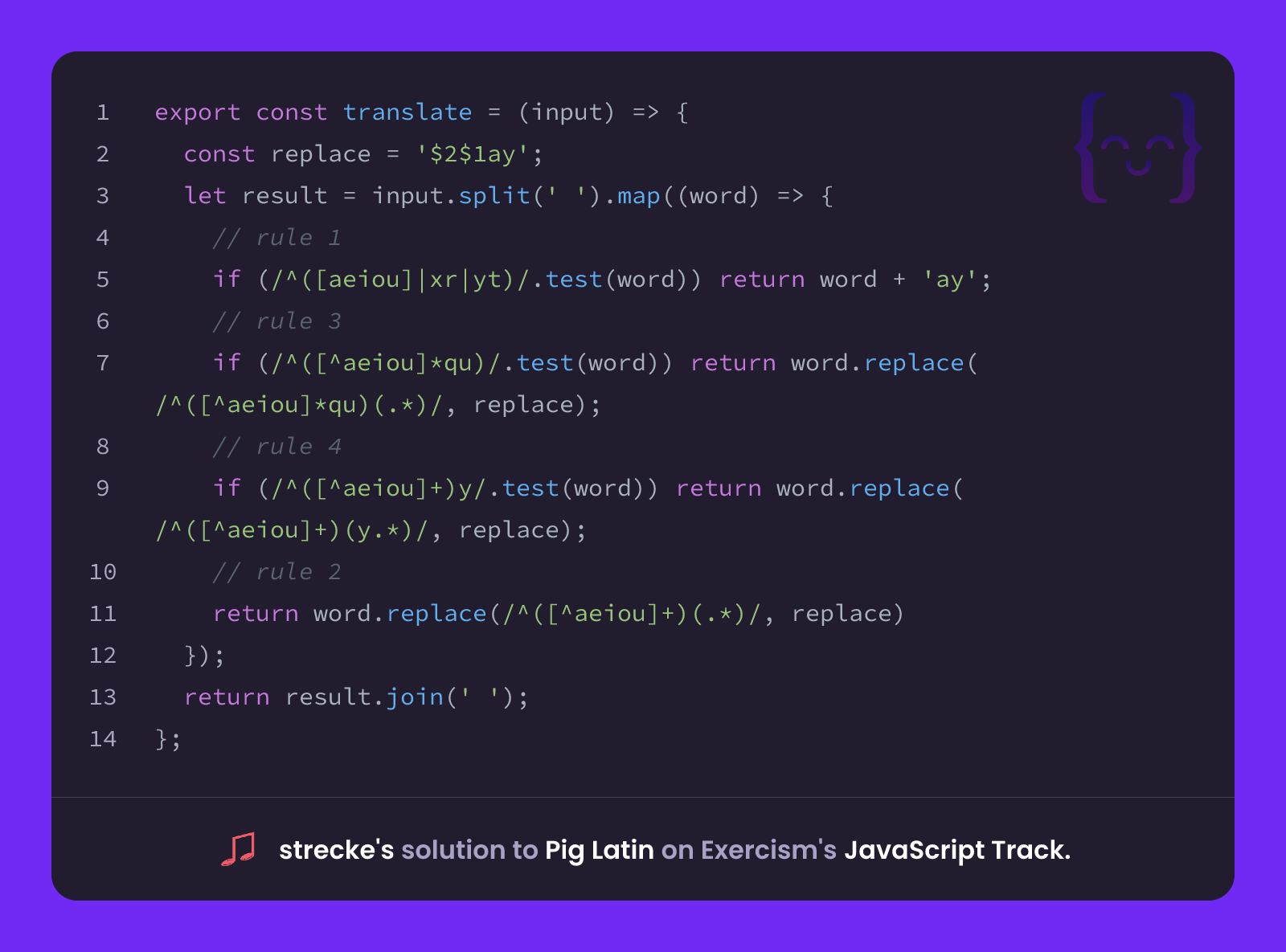 strecke's solution for Pig Latin in JavaScript on Exercism