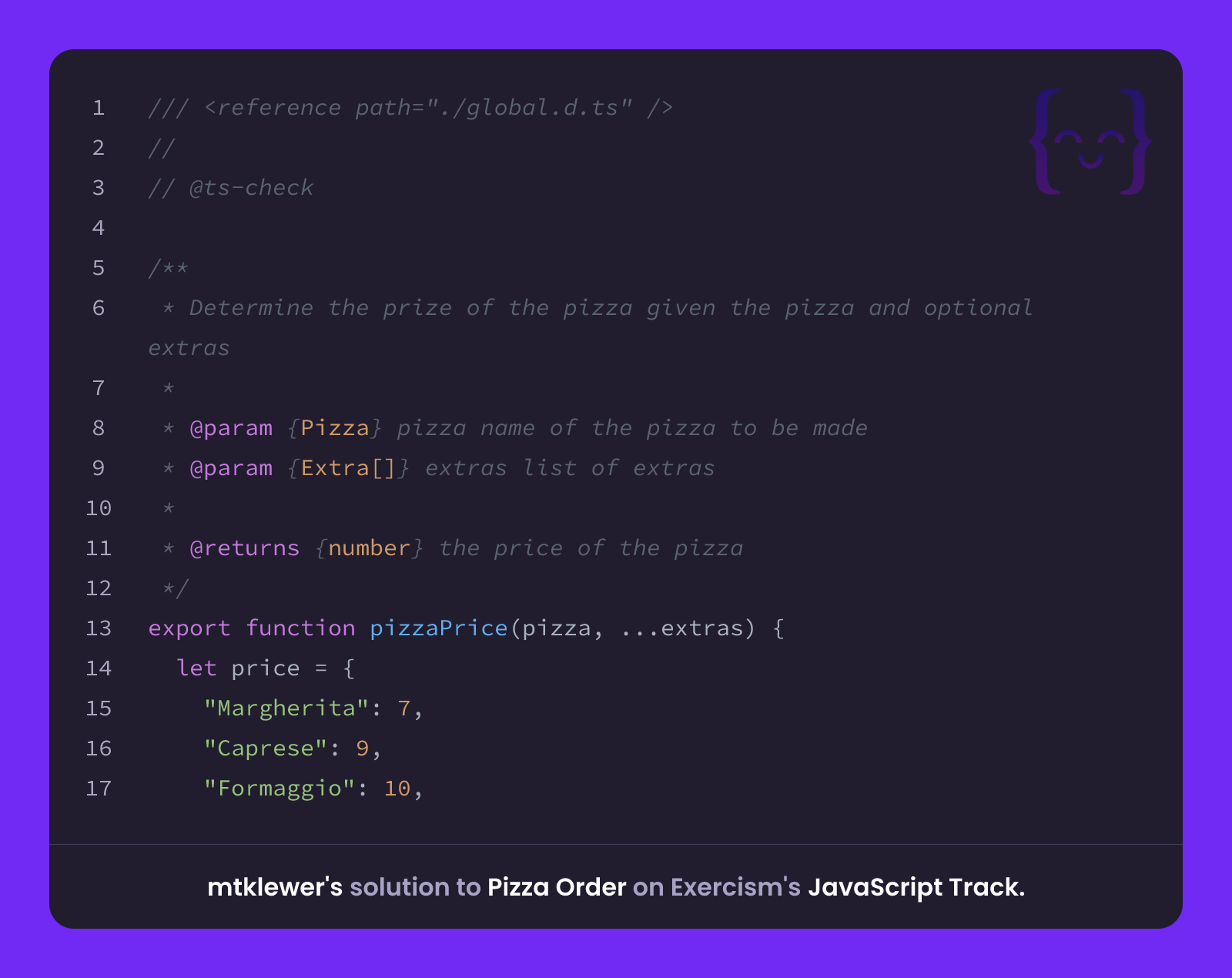 mtklewer's solution for Pizza Order in JavaScript on Exercism