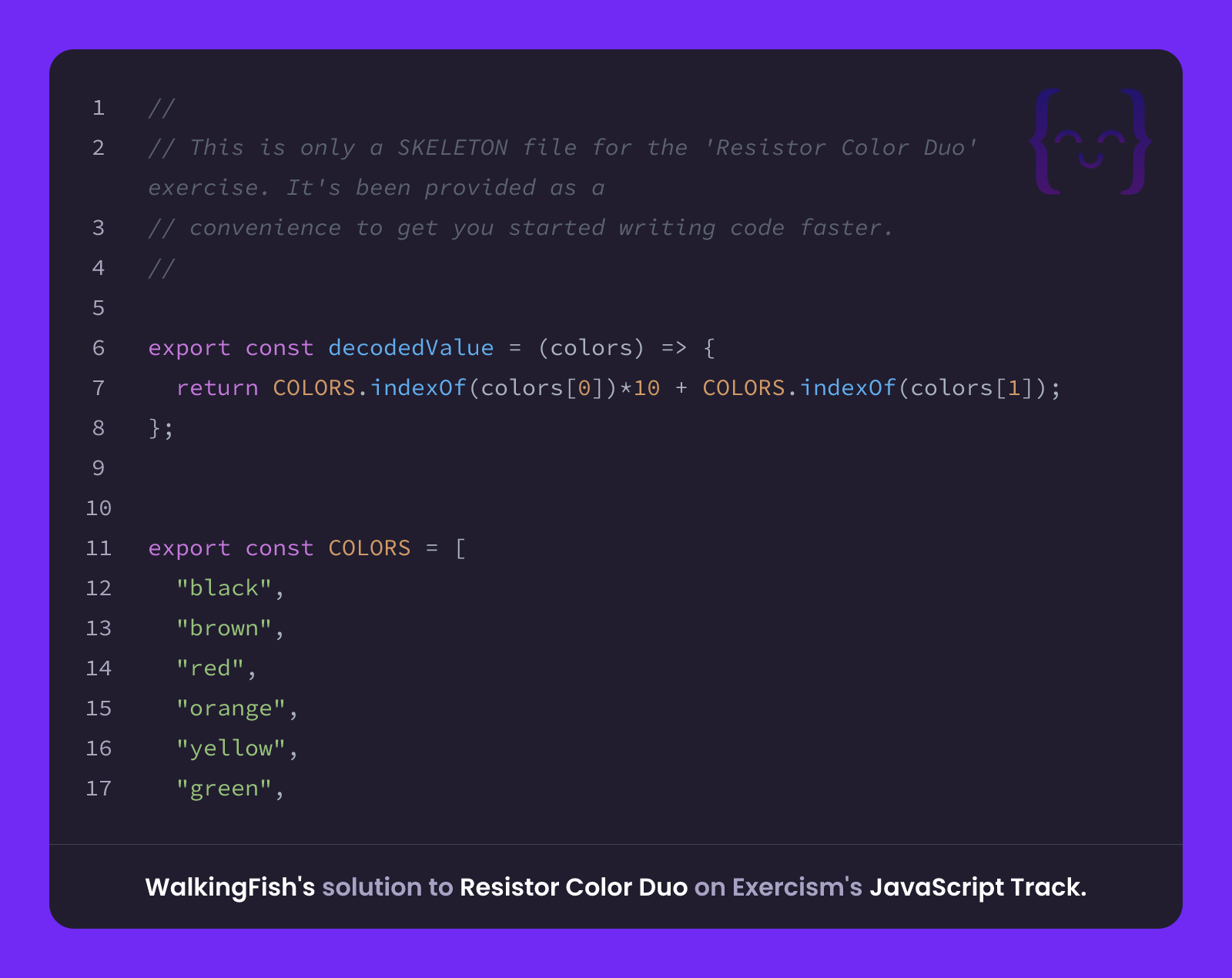 WalkingFish's solution for Resistor Color Duo in JavaScript on Exercism
