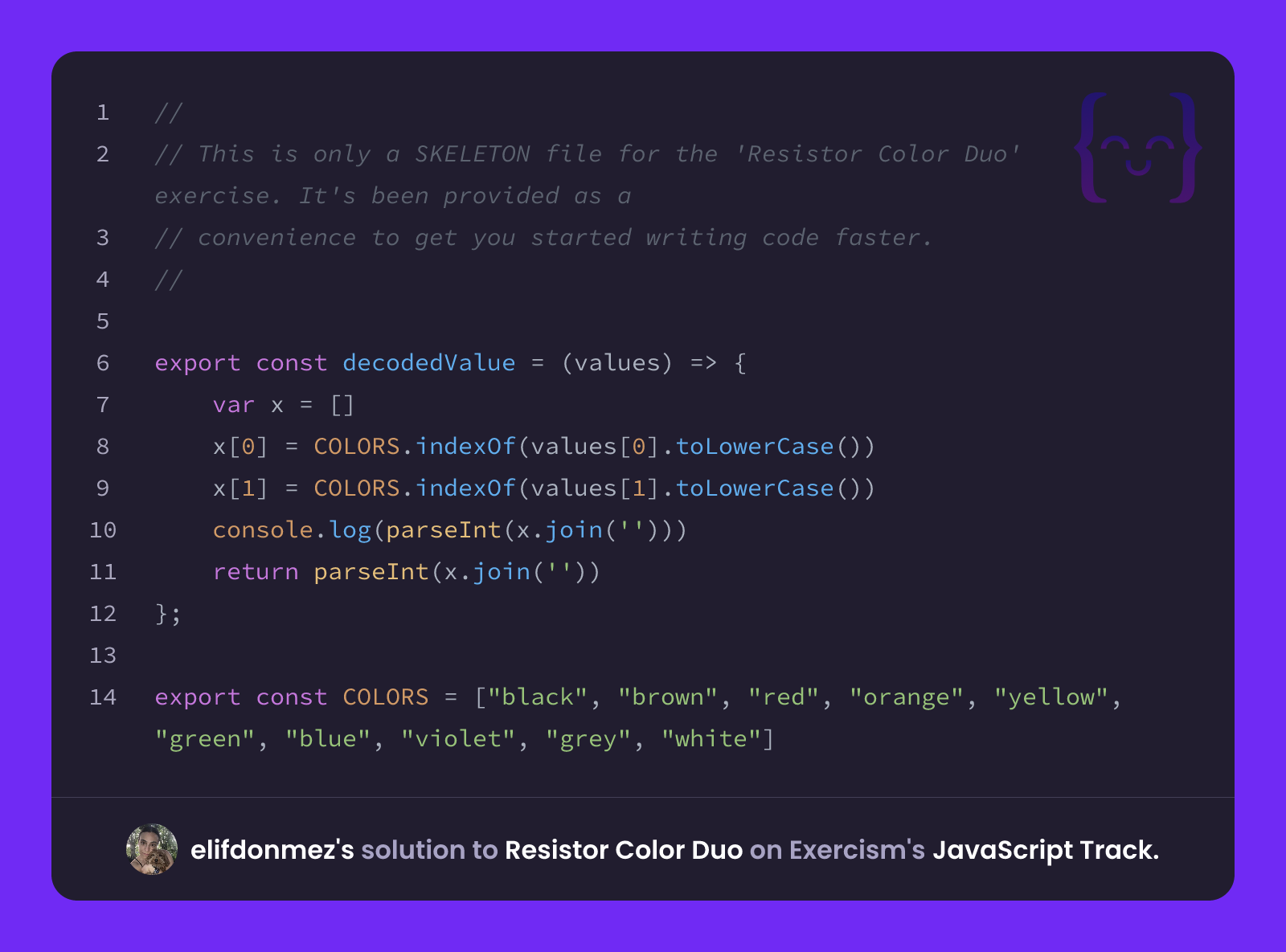 elifdonmez's solution for Resistor Color Duo in JavaScript on Exercism