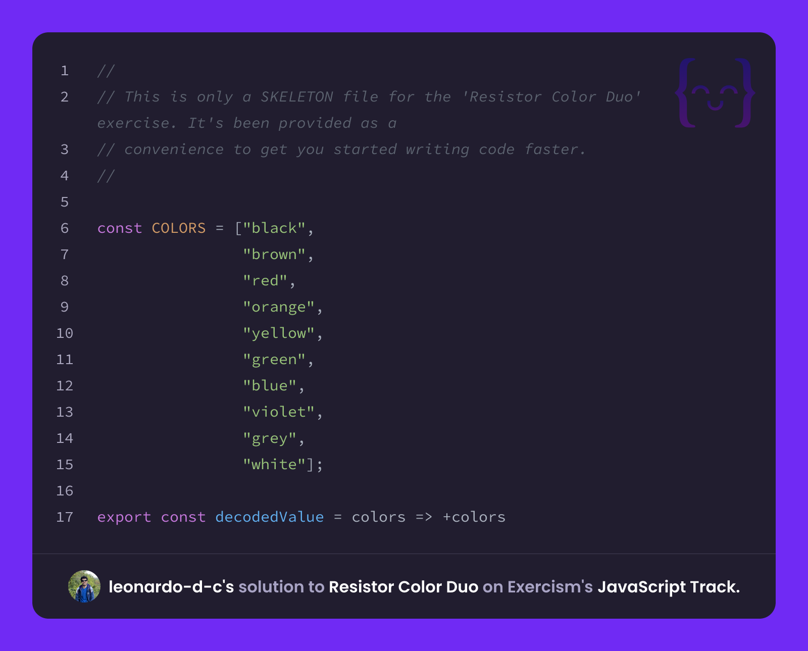 leonardo-d-c's solution for Resistor Color Duo in JavaScript on Exercism