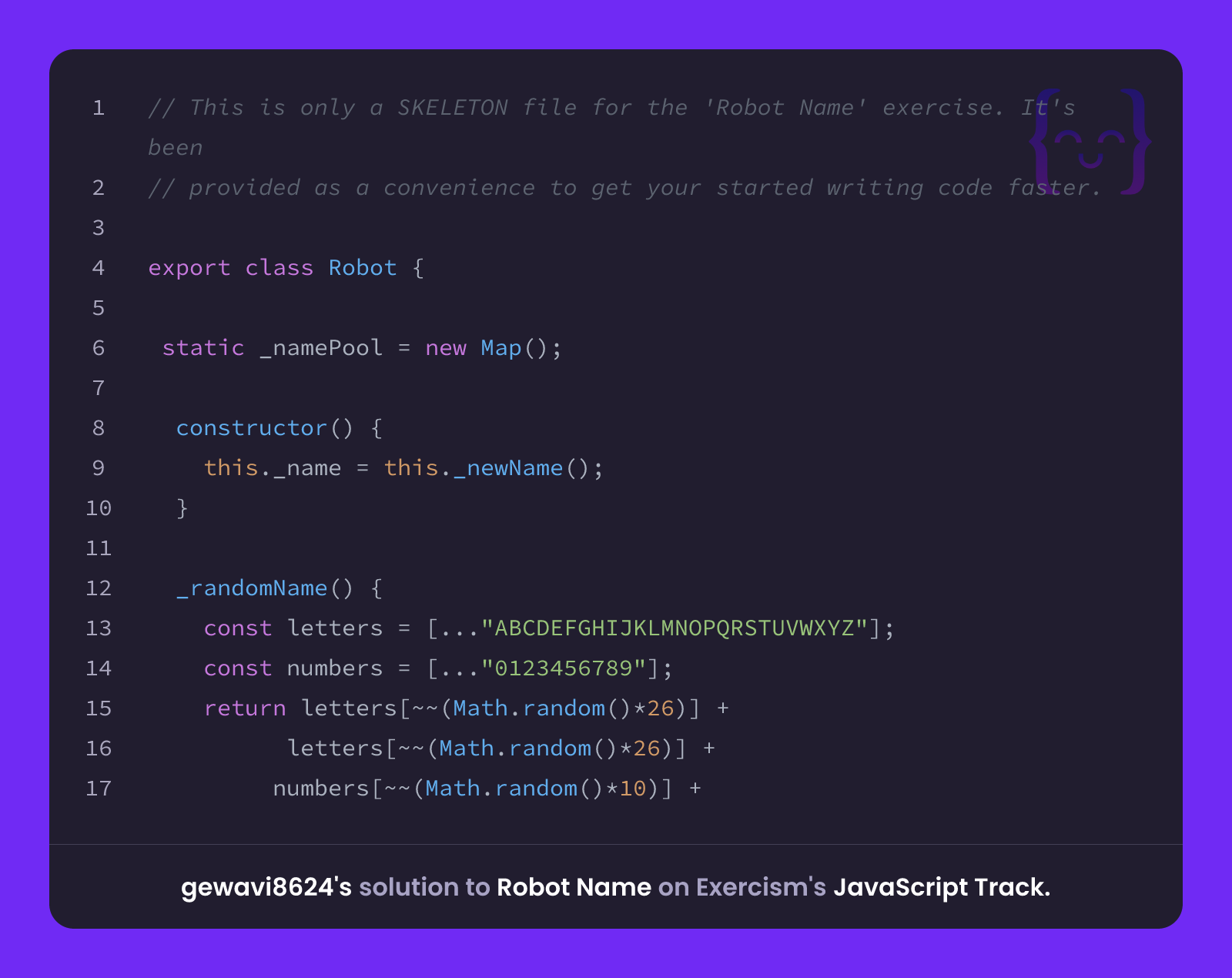 gewavi8624's solution for Robot Name in JavaScript on Exercism
