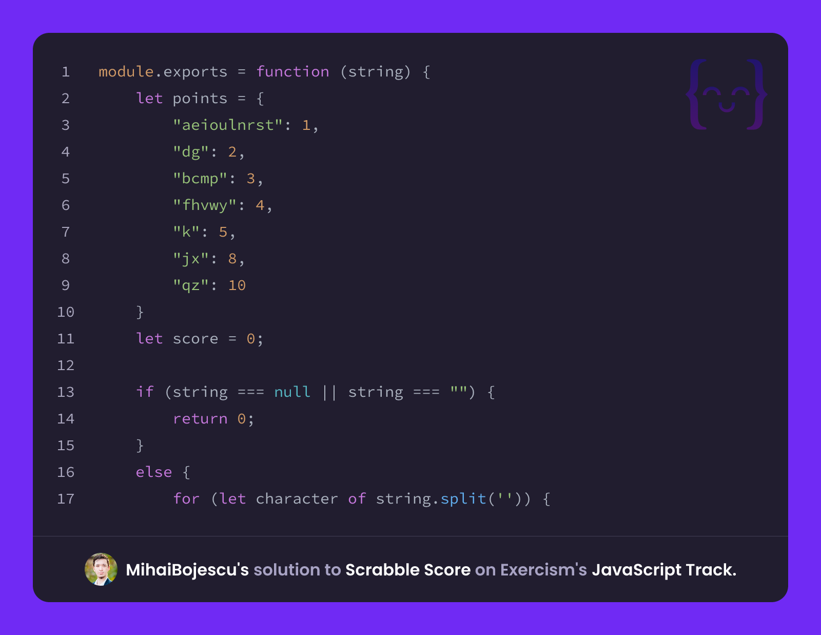 MihaiBojescu's solution for Scrabble Score in JavaScript on Exercism