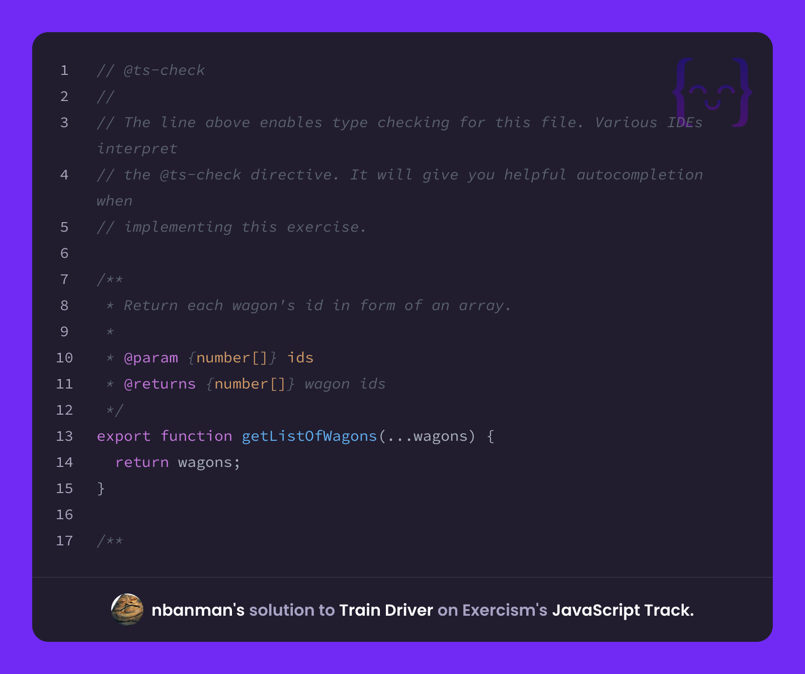 nbanman's solution for Train Driver in JavaScript on Exercism