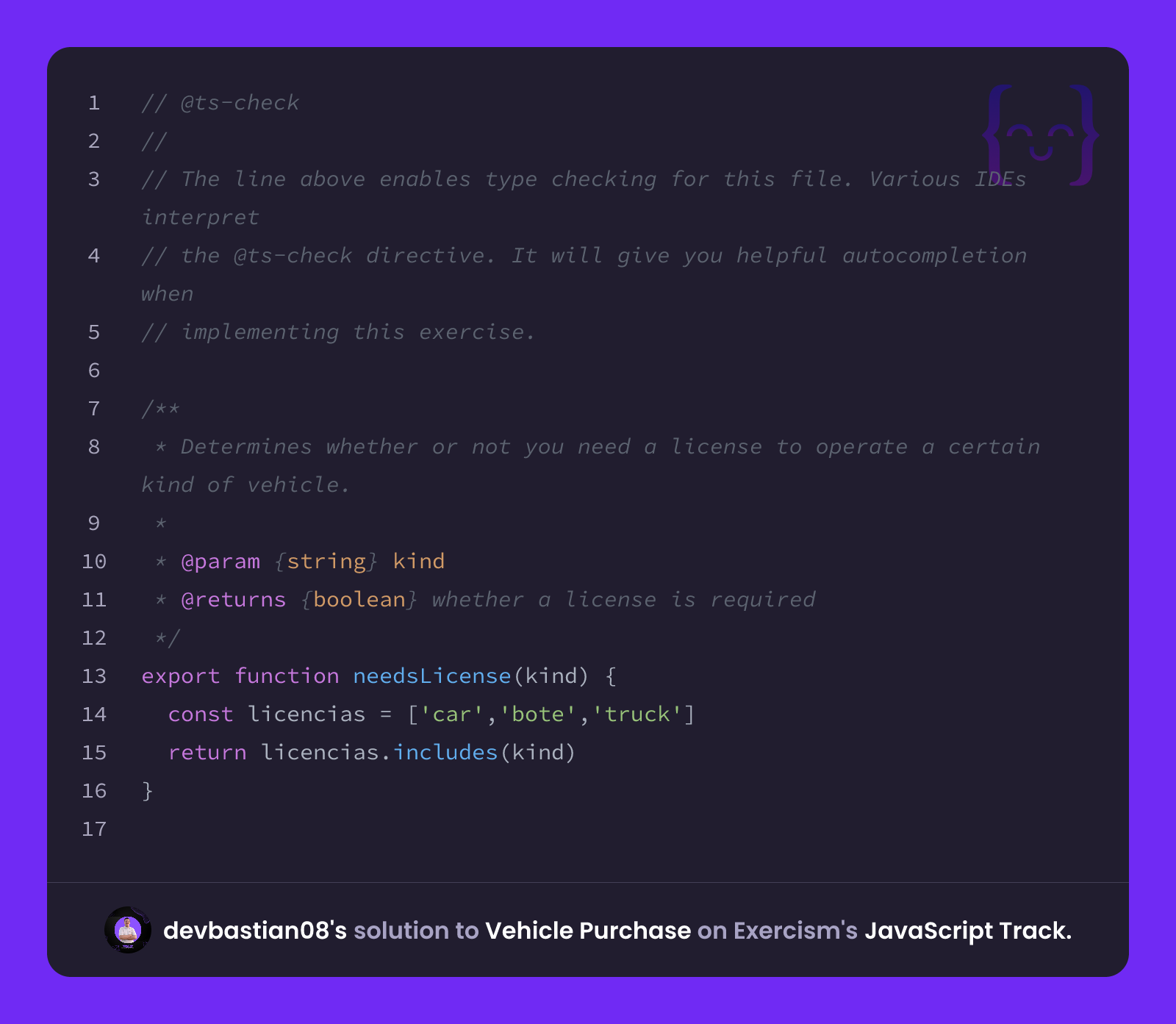 devbastian08's solution for Vehicle Purchase in JavaScript on Exercism
