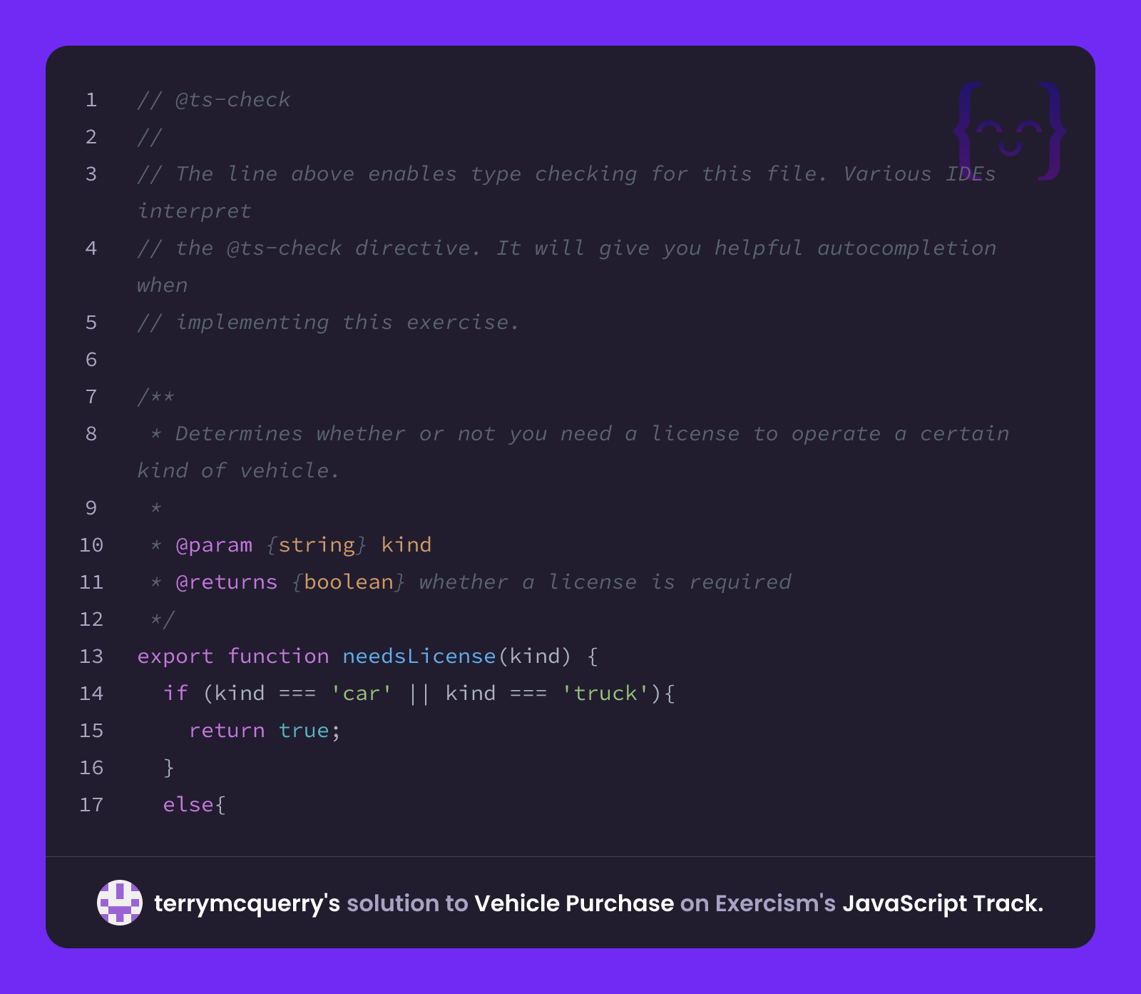 terrymcquerry's solution for Vehicle Purchase in JavaScript on Exercism