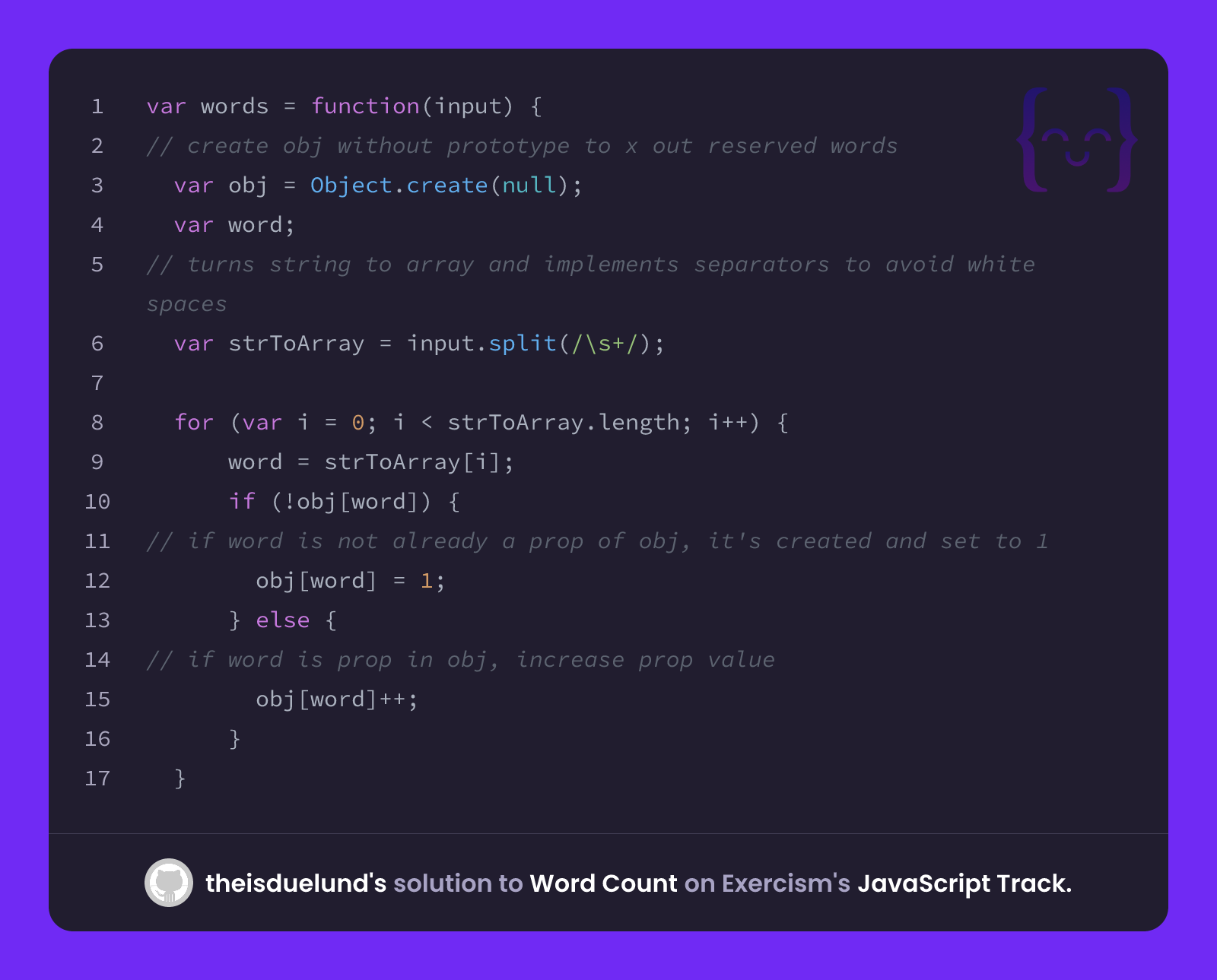theisduelund's solution for Word Count in JavaScript on Exercism