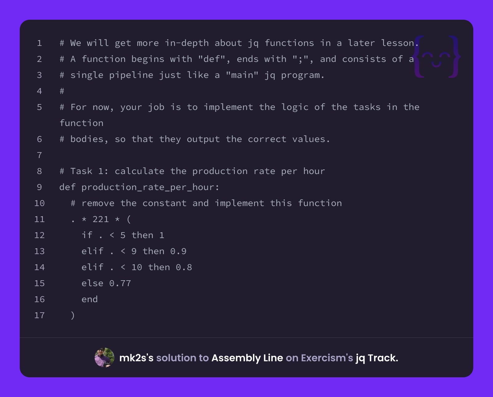 mk2s's solution for Assembly Line in jq on Exercism