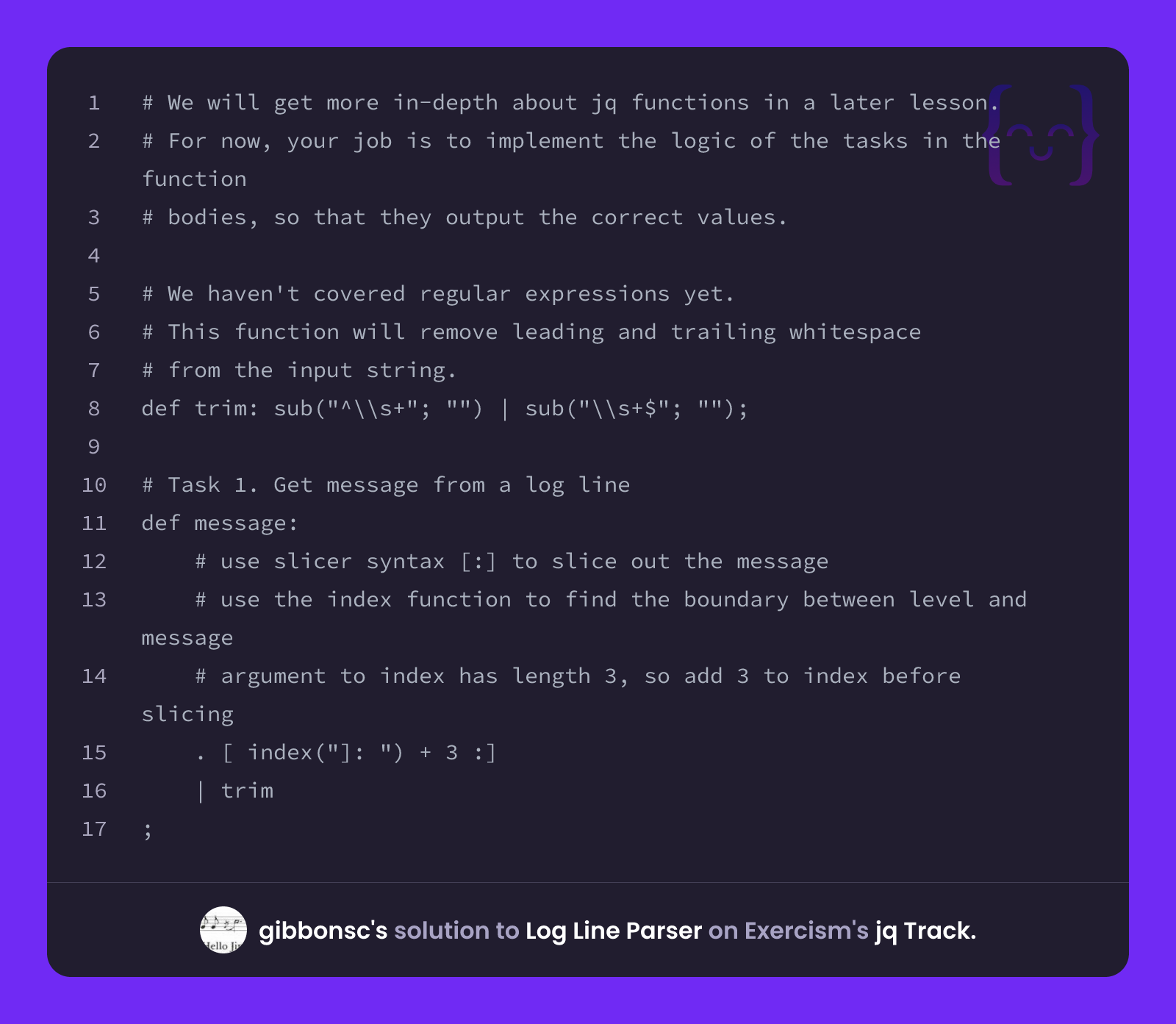 gibbonsc's solution for Log Line Parser in jq on Exercism