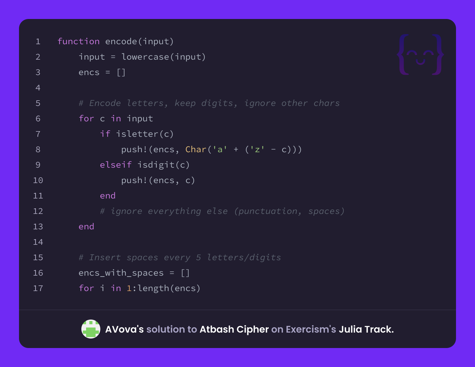 AVova's solution for Atbash Cipher in Julia on Exercism