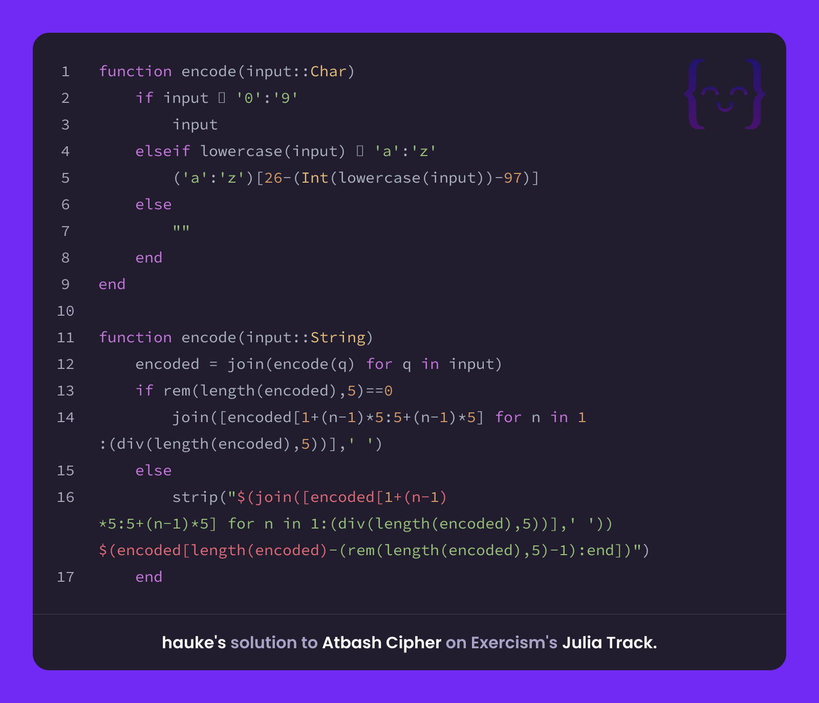 hauke's solution for Atbash Cipher in Julia on Exercism