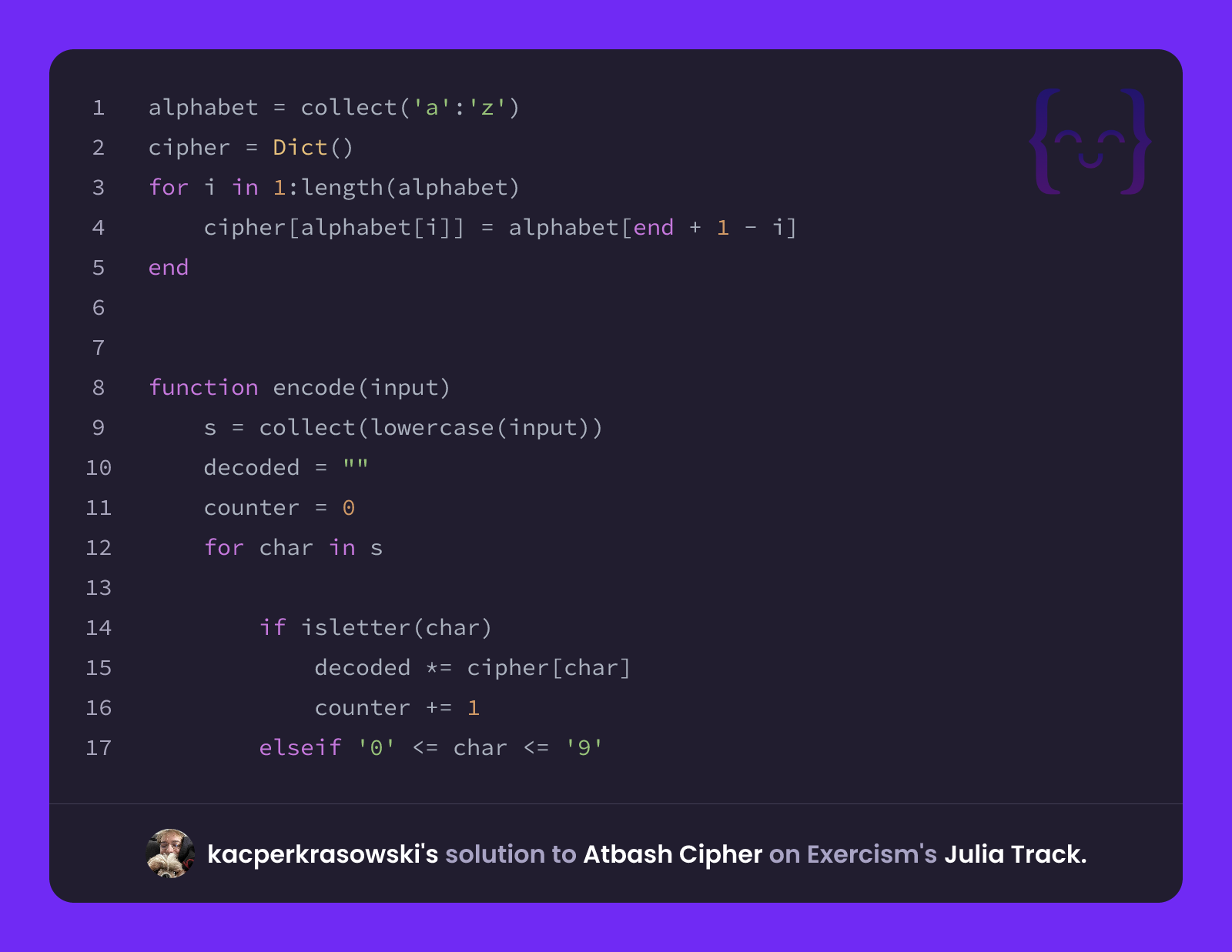 kacperkrasowski's solution for Atbash Cipher in Julia on Exercism
