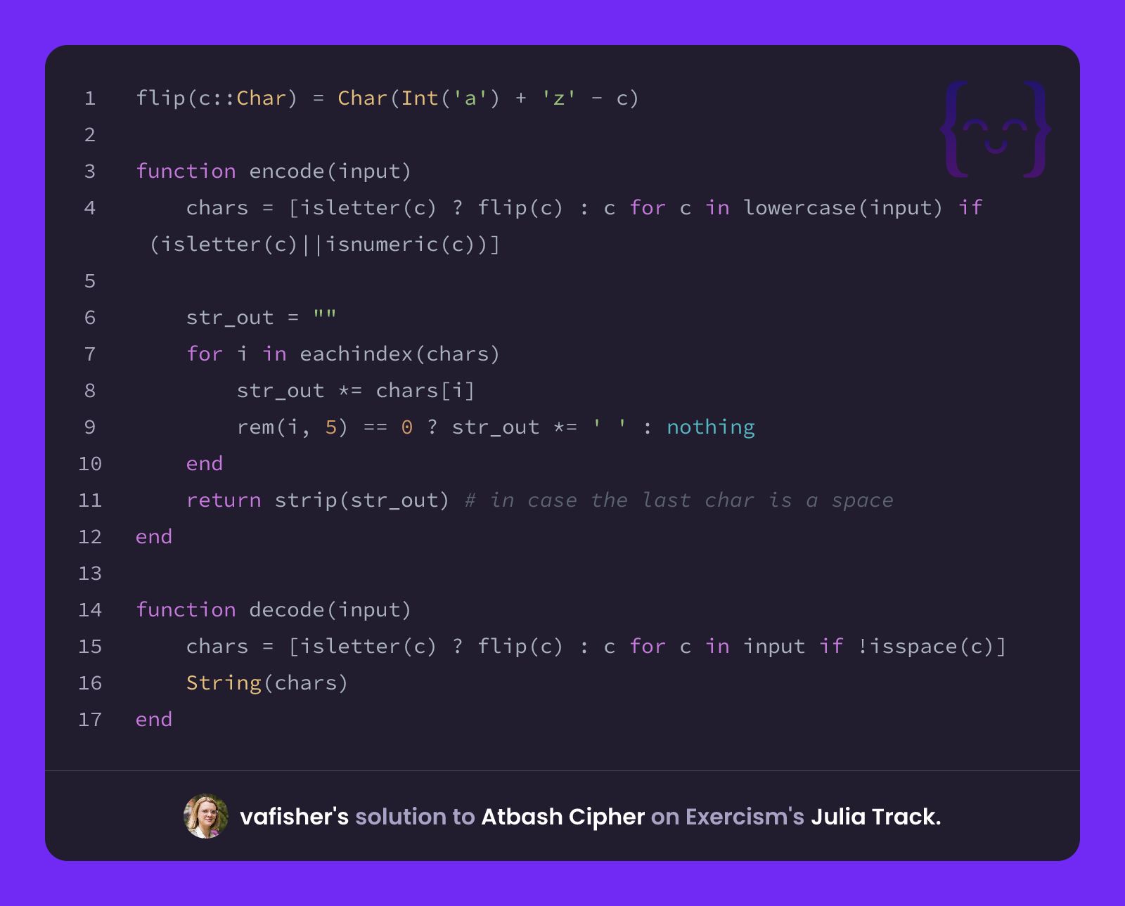vafisher's solution for Atbash Cipher in Julia on Exercism