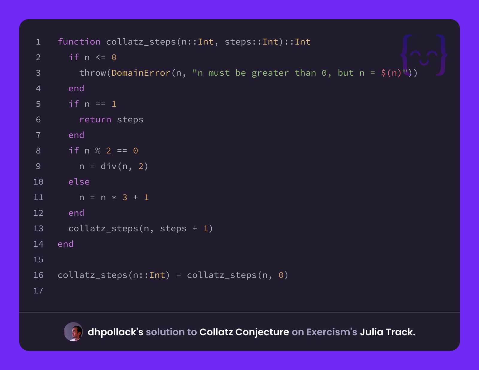 dhpollack's solution for Collatz Conjecture in Julia on Exercism