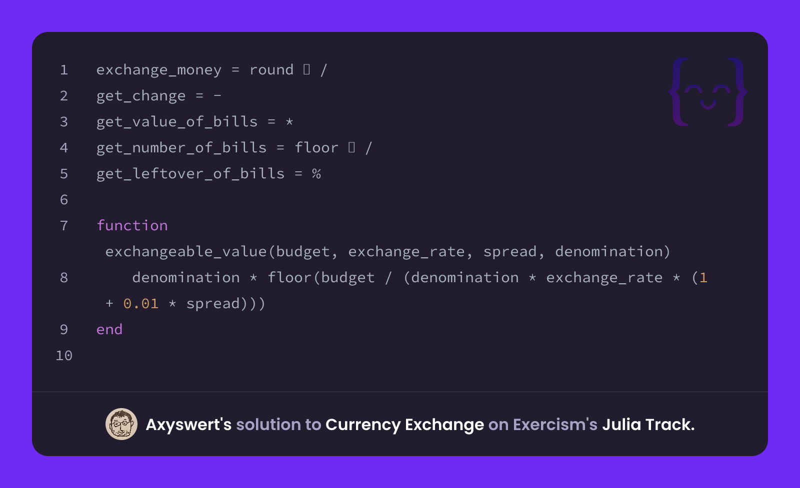 Axyswert's solution for Currency Exchange in Julia on Exercism