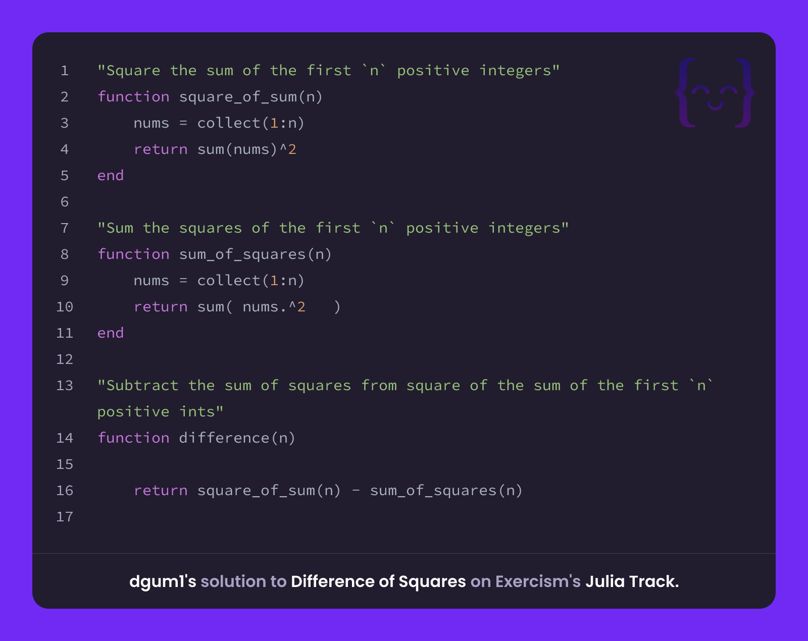 dgum1's solution for Difference of Squares in Julia on Exercism