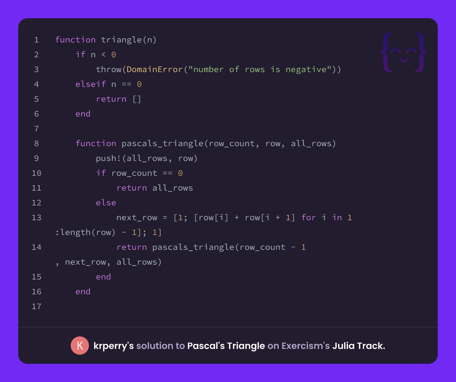 krperry's solution for Pascal's Triangle in Julia on Exercism