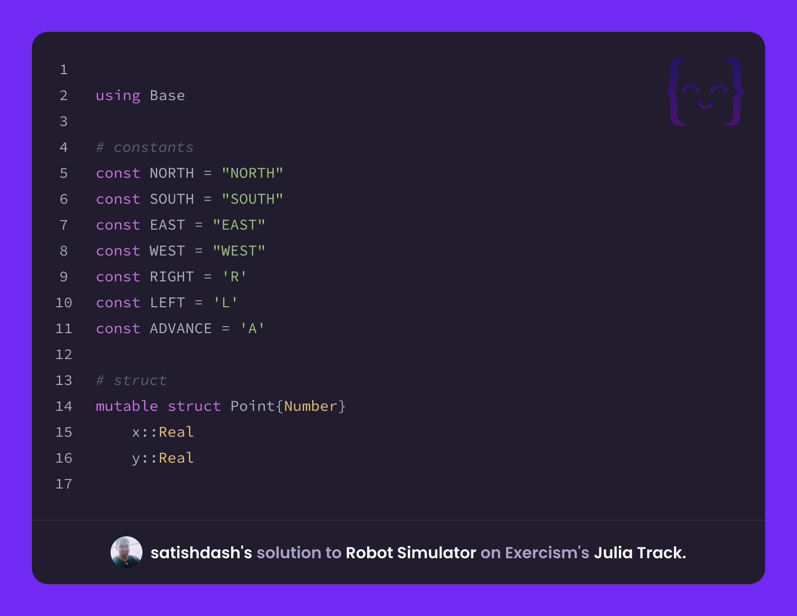 Robot Simulation Exercise satishdash's solution for Robot Simulator in Julia on Exercism