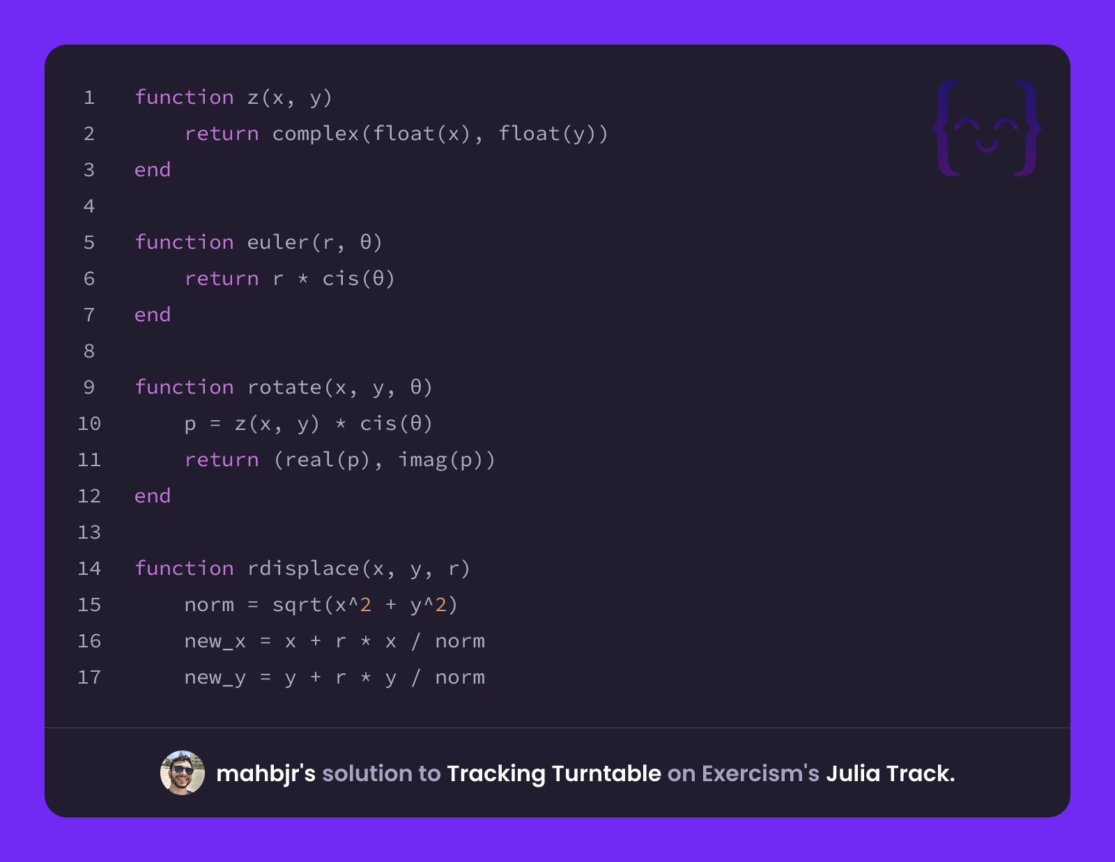 mahbjr's solution for Tracking Turntable in Julia on Exercism