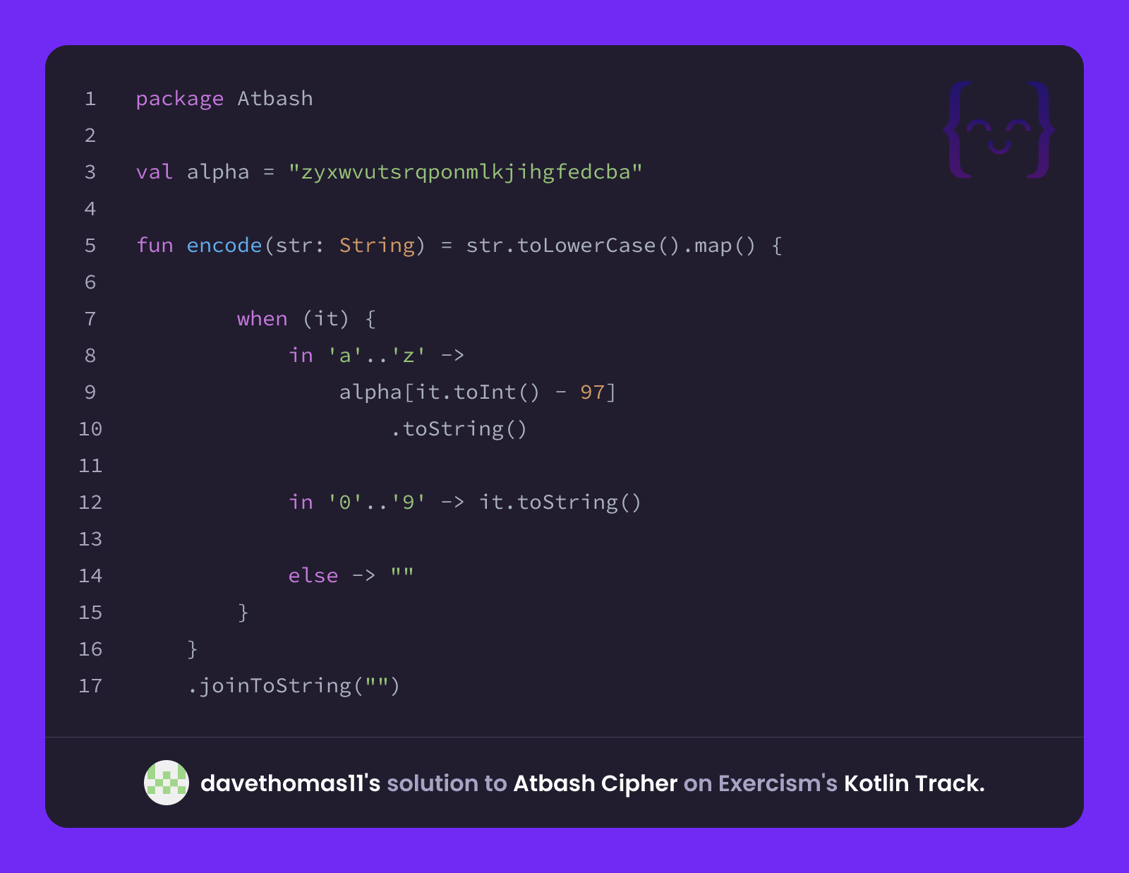 davethomas11's solution for Atbash Cipher in Kotlin on Exercism