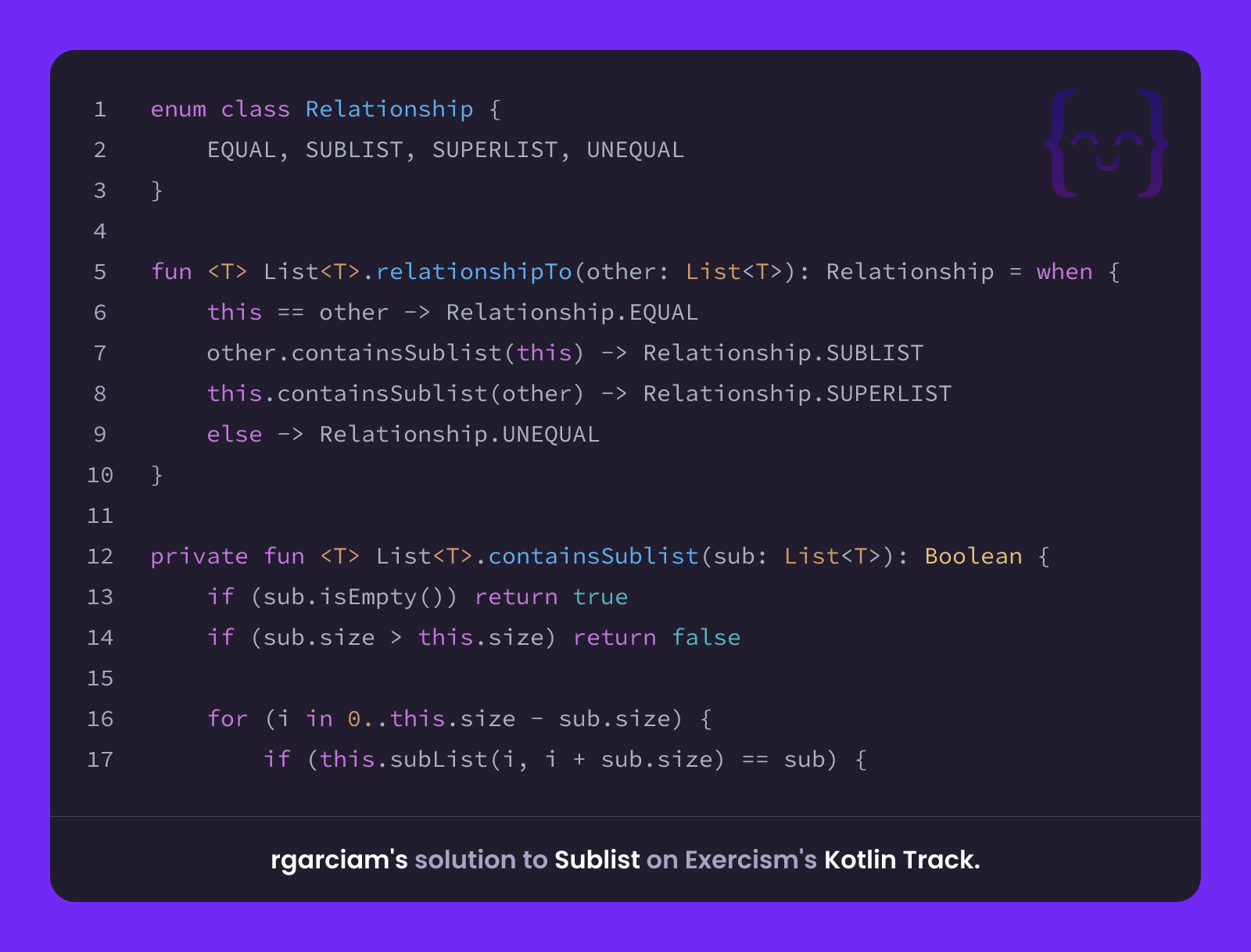 rgarciam's solution for Sublist in Kotlin on Exercism