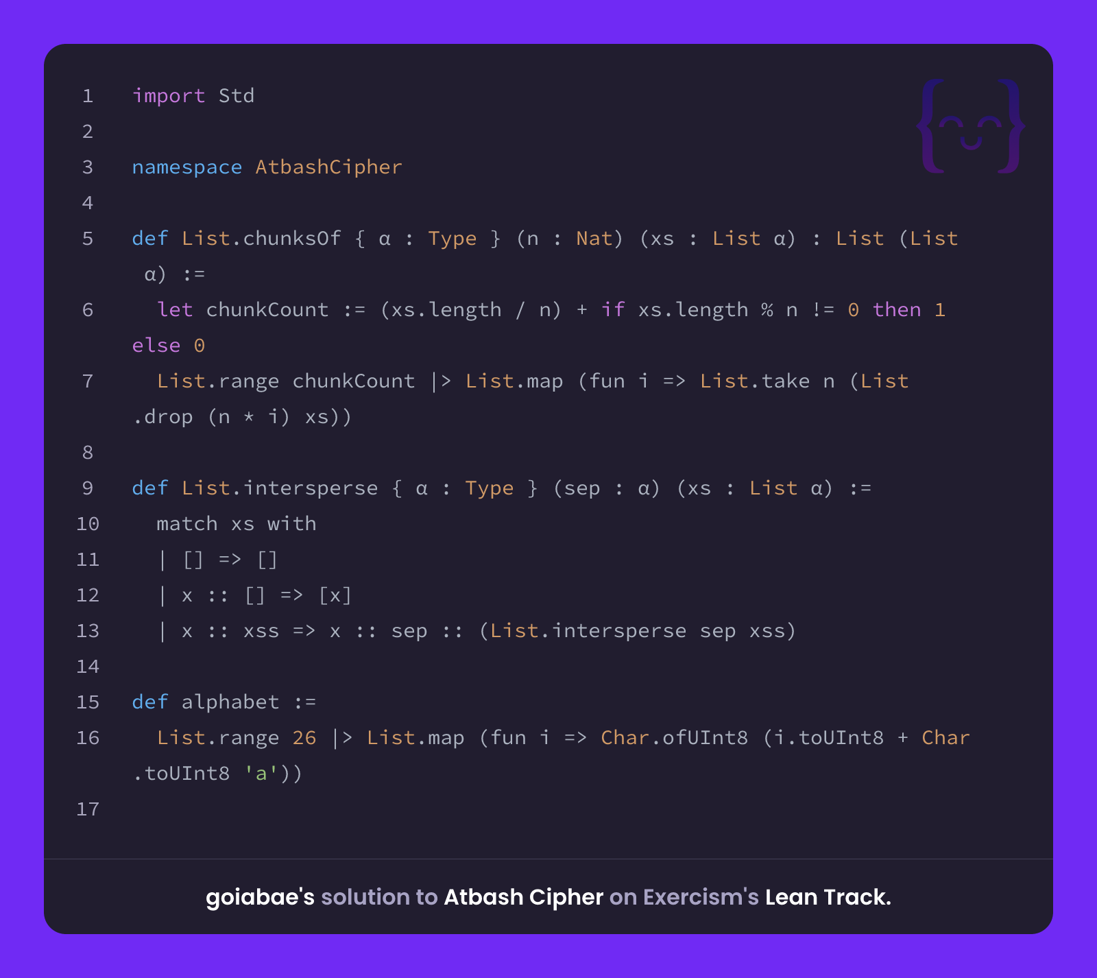 goiabae's solution for Atbash Cipher in Lean on Exercism