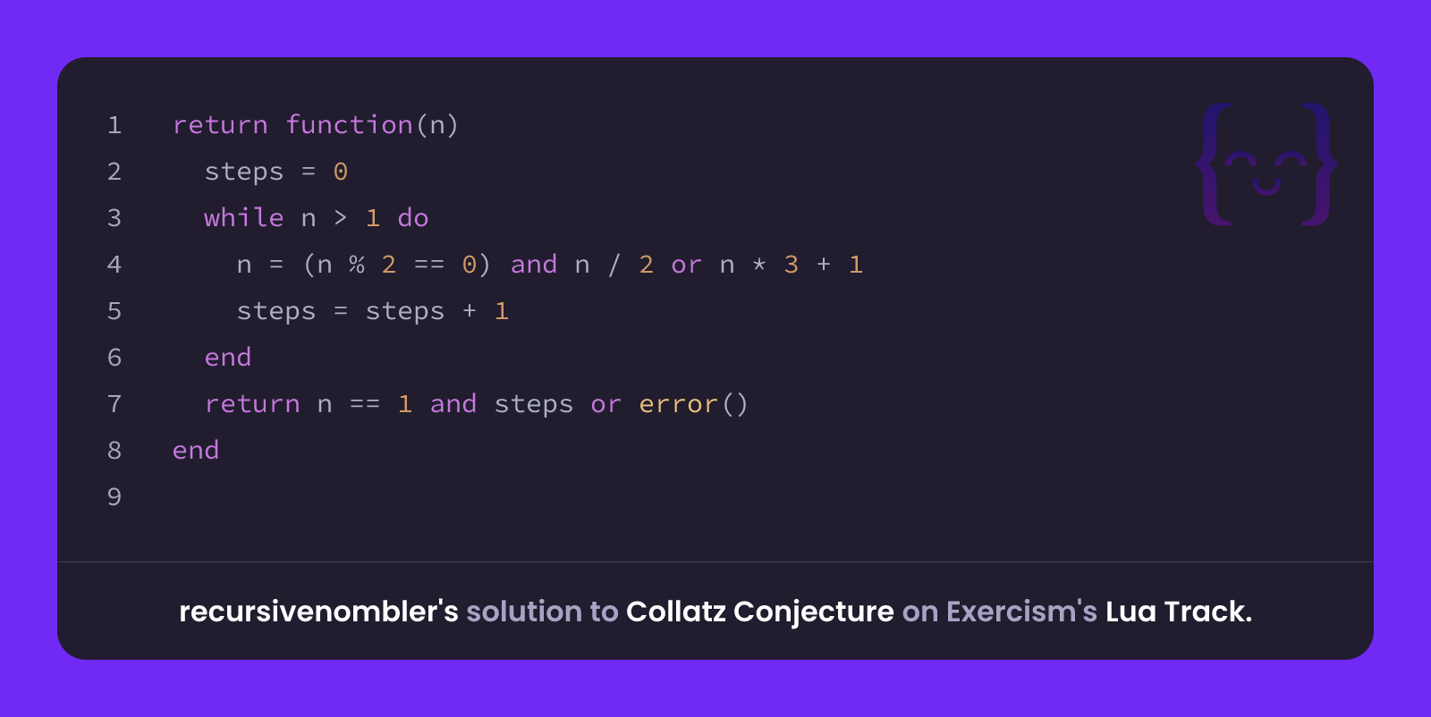 recursivenombler's solution for Collatz Conjecture in Lua on Exercism