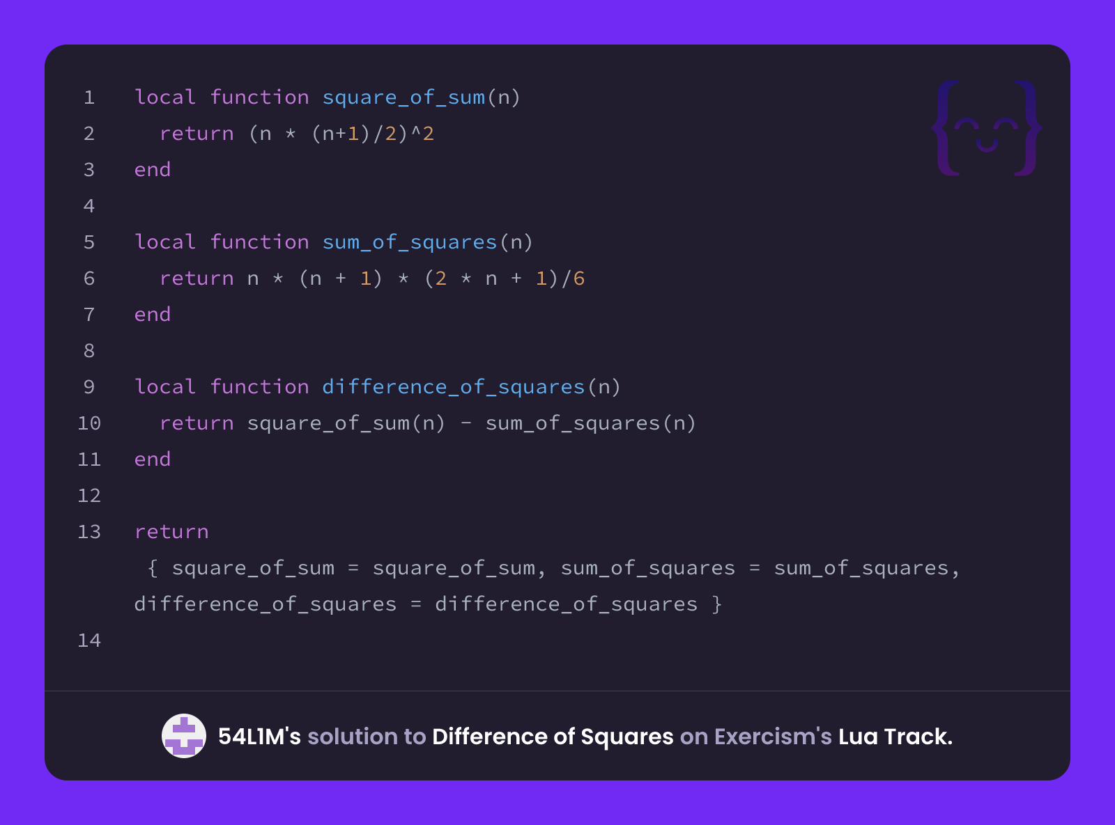 54L1M's solution for Difference of Squares in Lua on Exercism