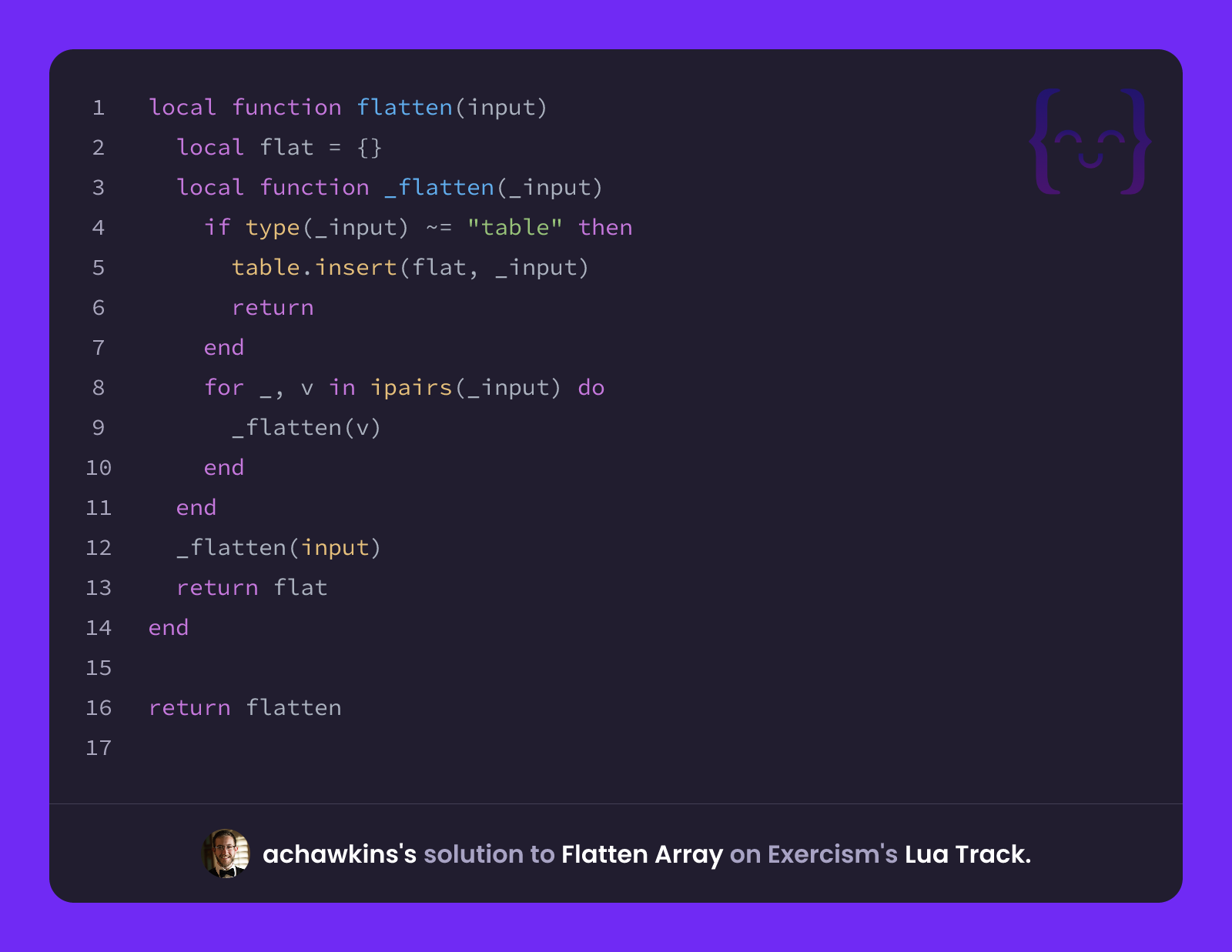 achawkins's solution for Flatten Array in Lua on Exercism