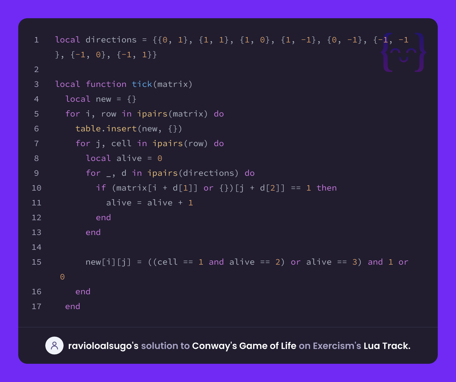 ravioloalsugo's solution for Conway's Game of Life in Lua on Exercism
