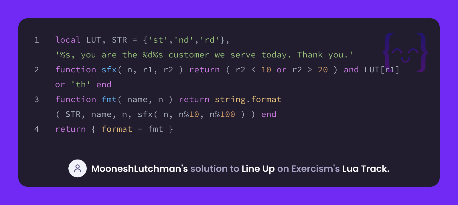 Lua Up Values MooneshLutchman's solution for Line Up in Lua on Exercism
